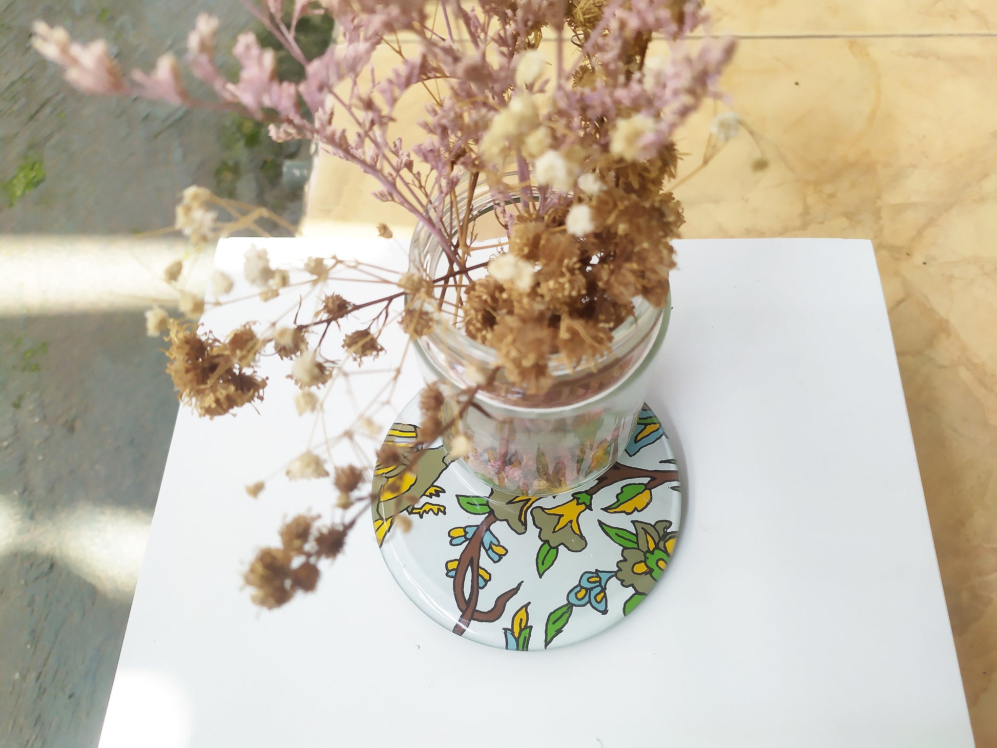 Reverse hand painted mirror and glass coaster with bird pattern , with dry leaves