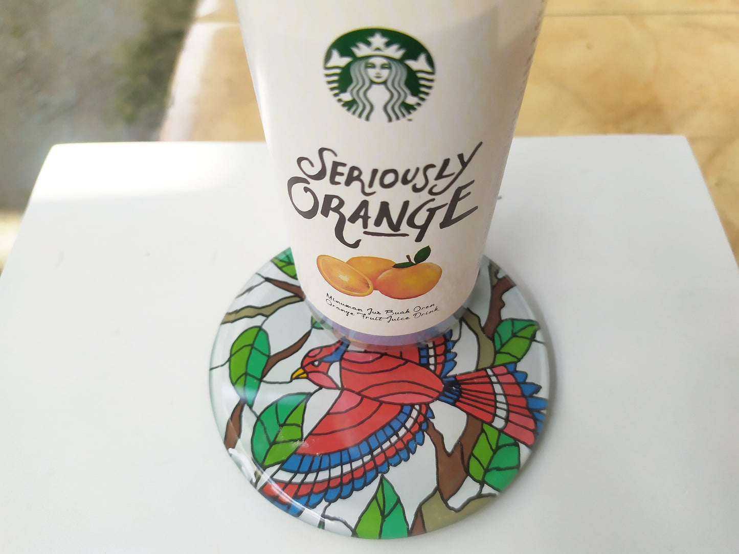 Bird animal round glass mirror coaster , with starbucks cup