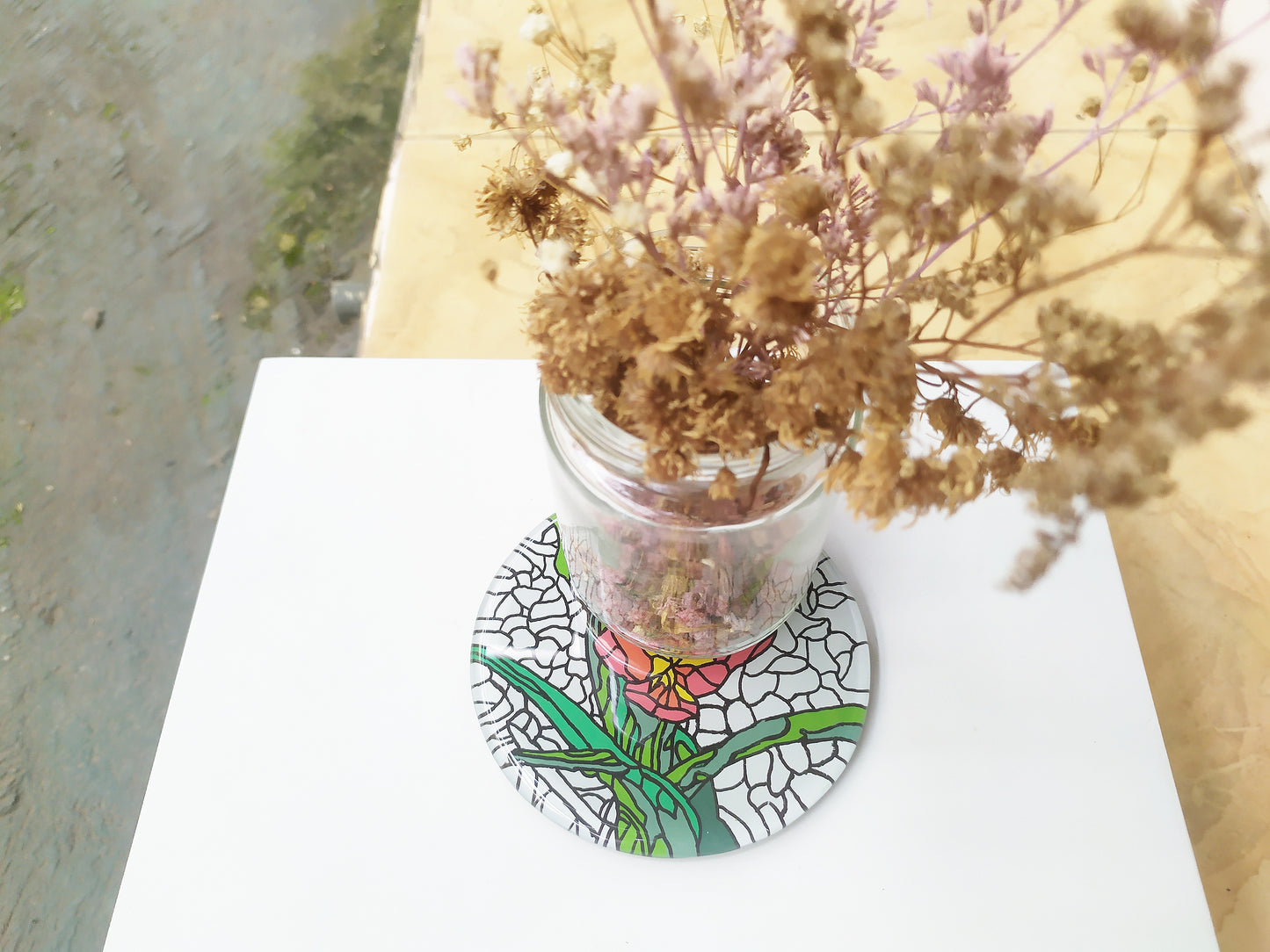 Hibiscus  flower round glass mirror coaster , with dry leaves