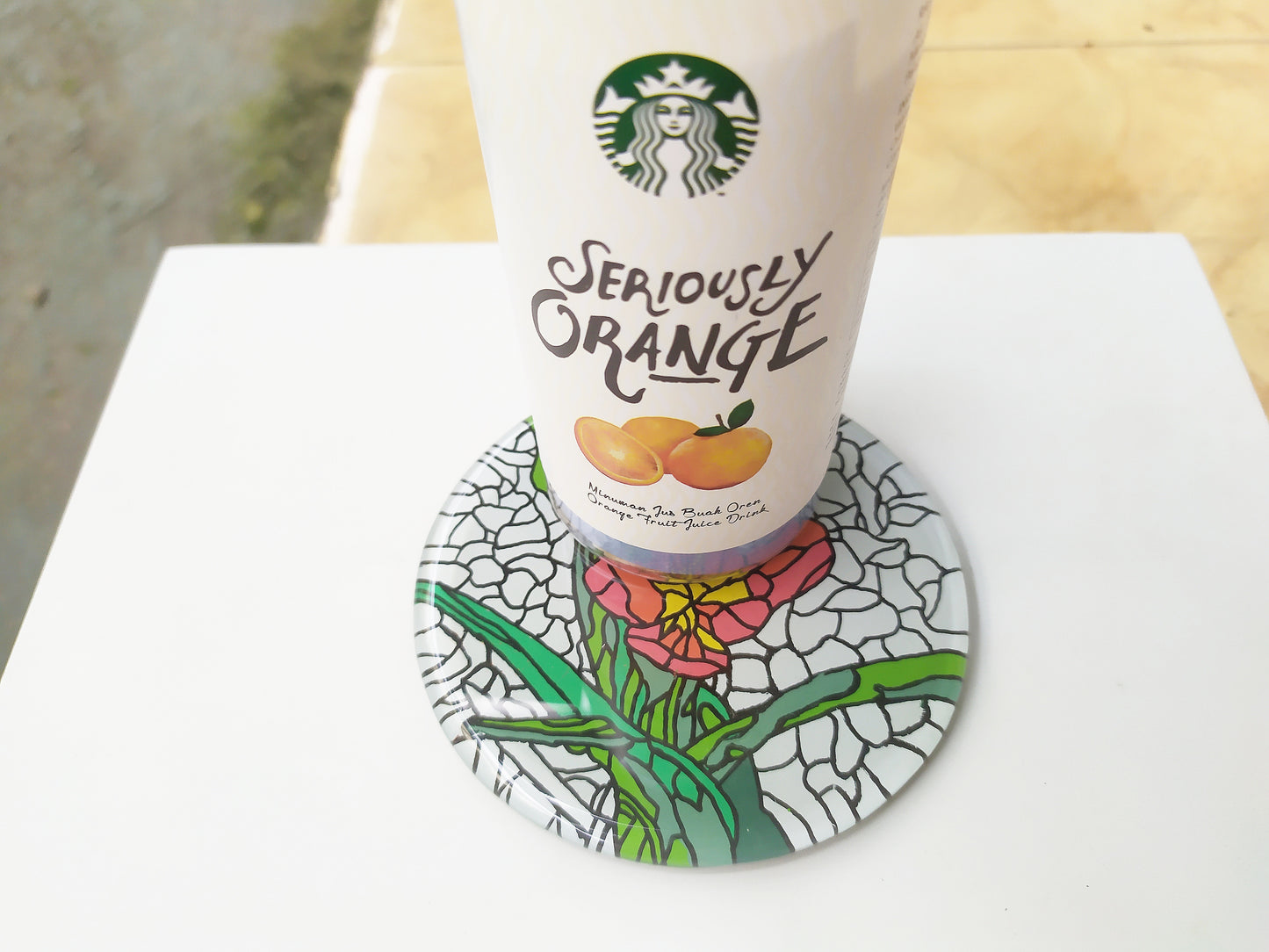 Hibiscus  flower round glass mirror coaster , with starbucks cup
