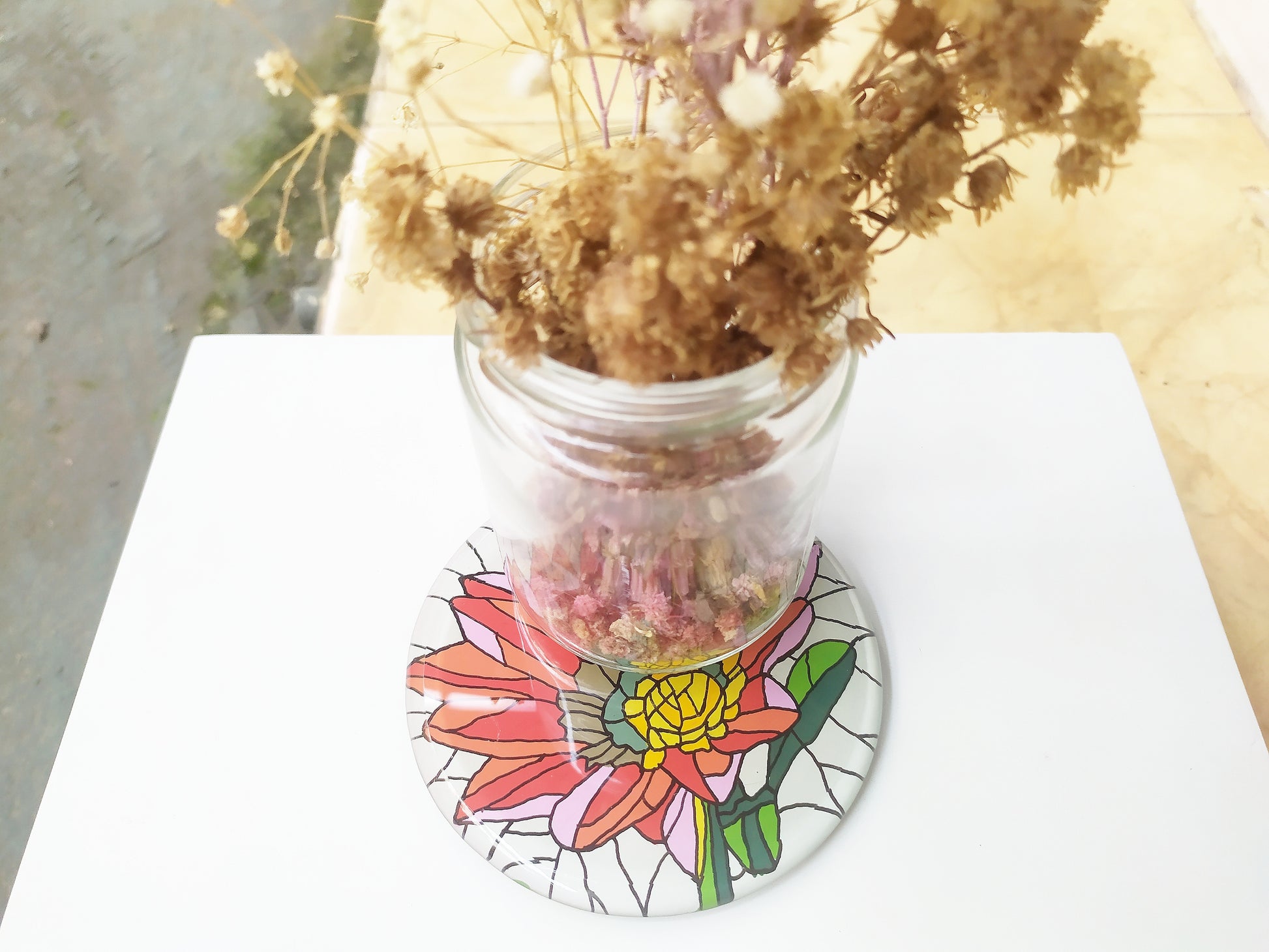 Hand Painted Red Lotus round mirror coaster , with dry flowers
