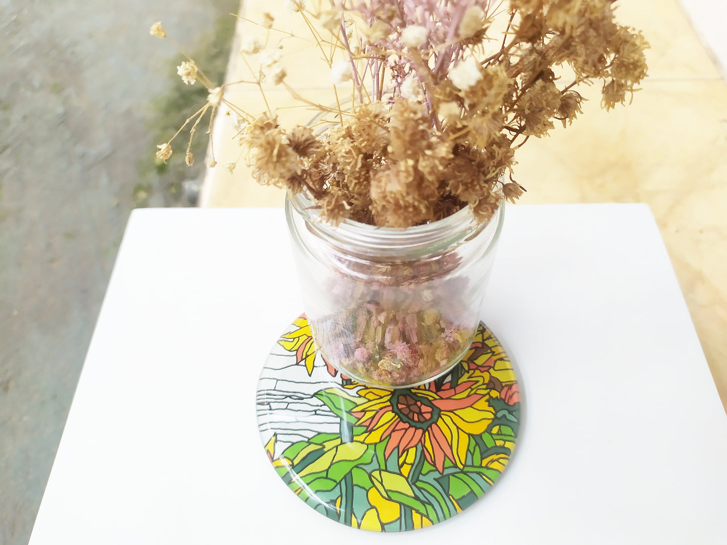 Hand Painted Yellow Sunflower round mirror coaster , with dry flowers