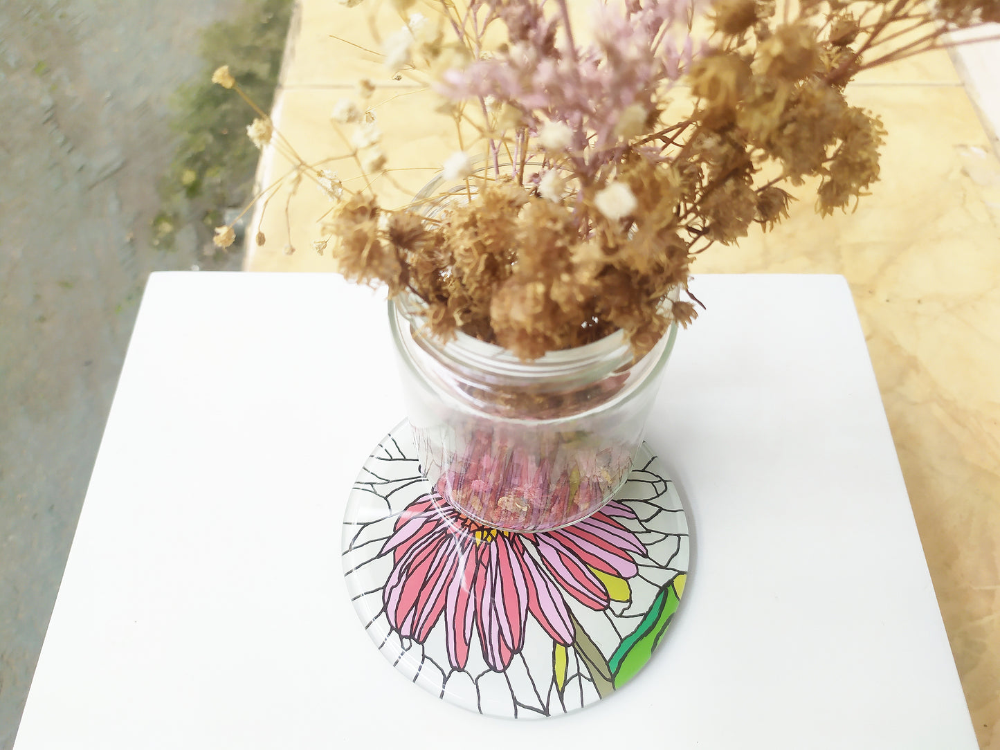 Hand Painted Poppy round mirror coaster , with dry flowers