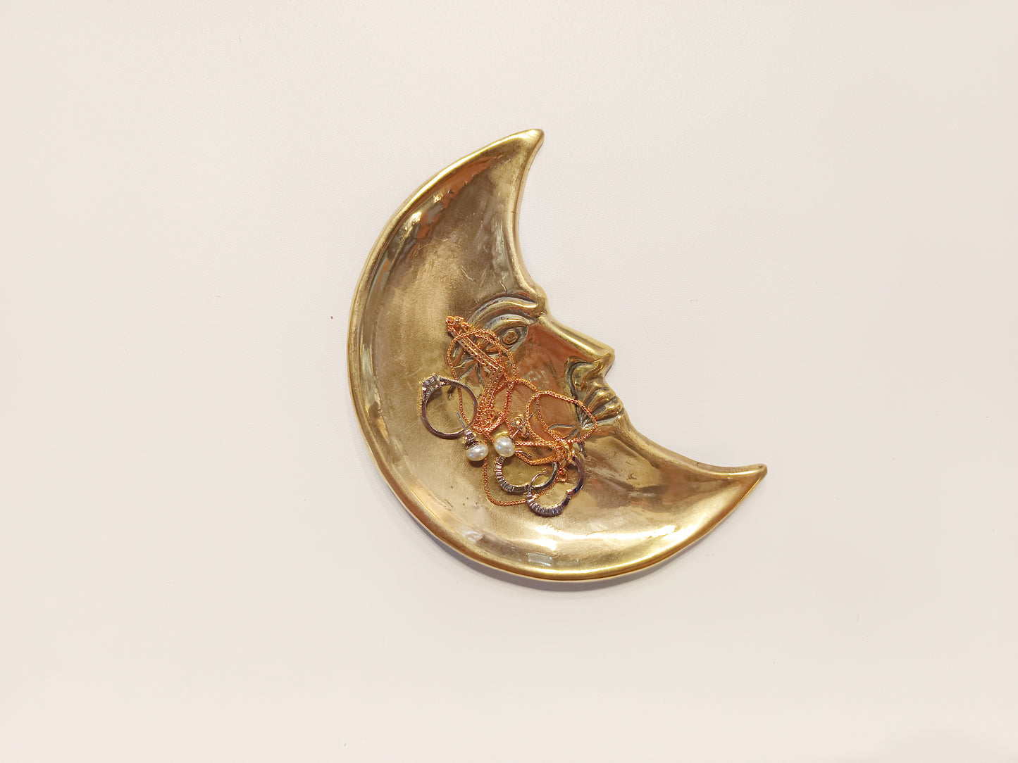 Crescent moon face brass ring dish, antique brass trinket plate