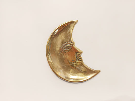 Crescent moon face brass ring dish, antique brass trinket plate