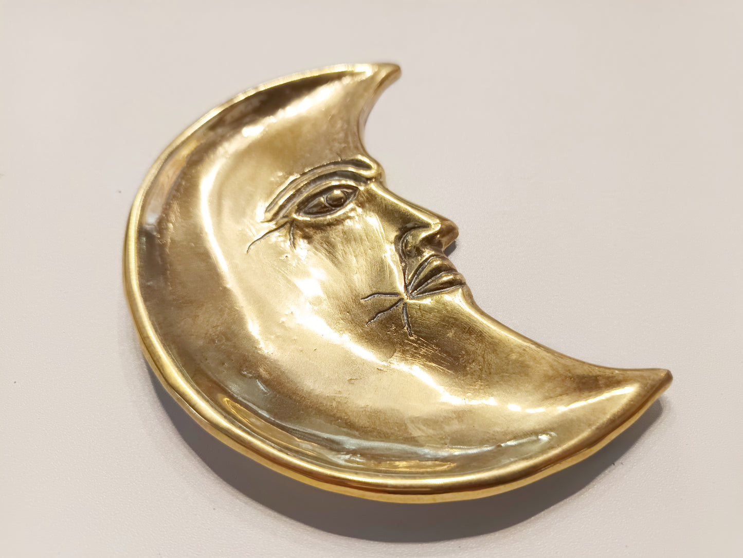 Crescent moon face brass ring dish, antique brass trinket plate