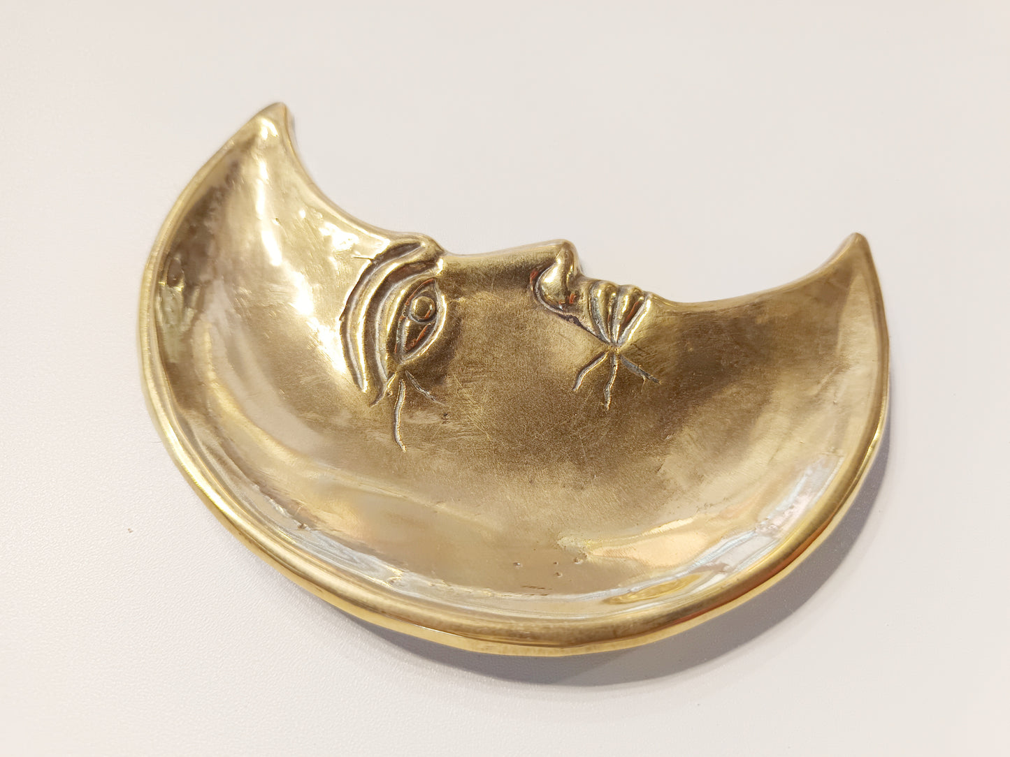 Crescent moon face brass ring dish, antique brass trinket plate