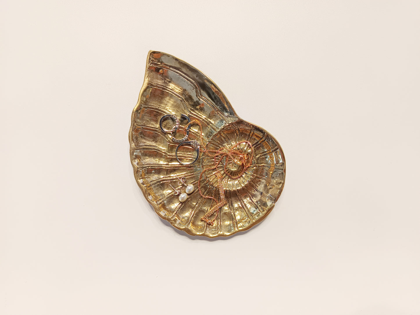 Ammonite shell face brass ring dish, antique brass trinket plate