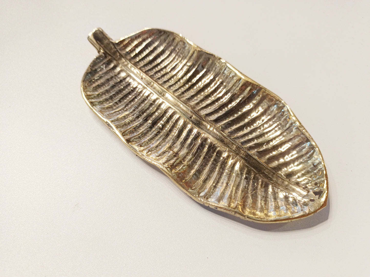 Banana leaf brass ring dish, antique brass trinket plate