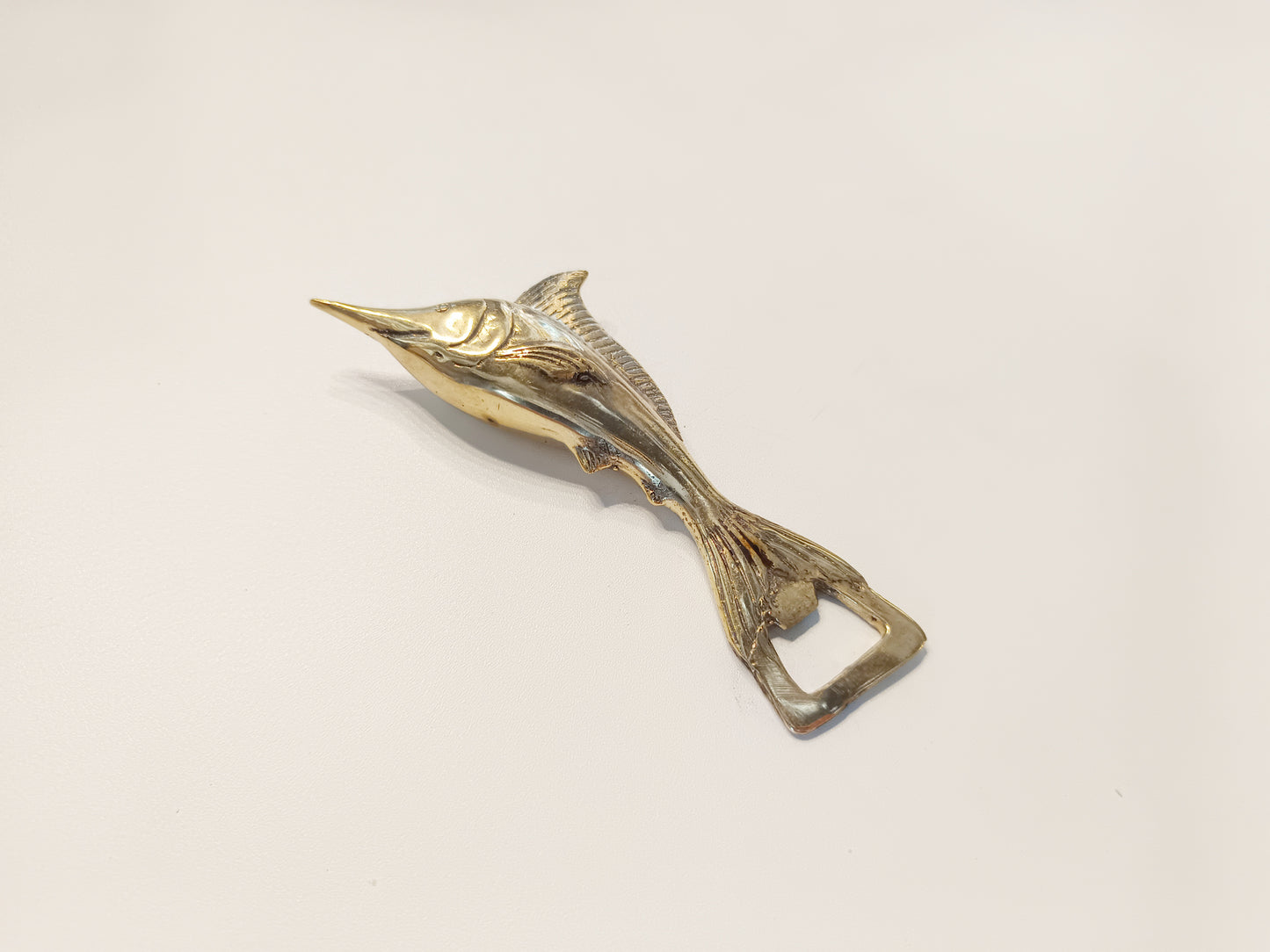 Swordfish brass bottle opener, antique brass pointy fish cap opener