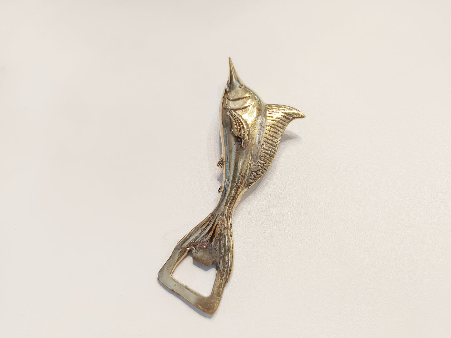 Swordfish brass bottle opener, antique brass pointy fish cap opener