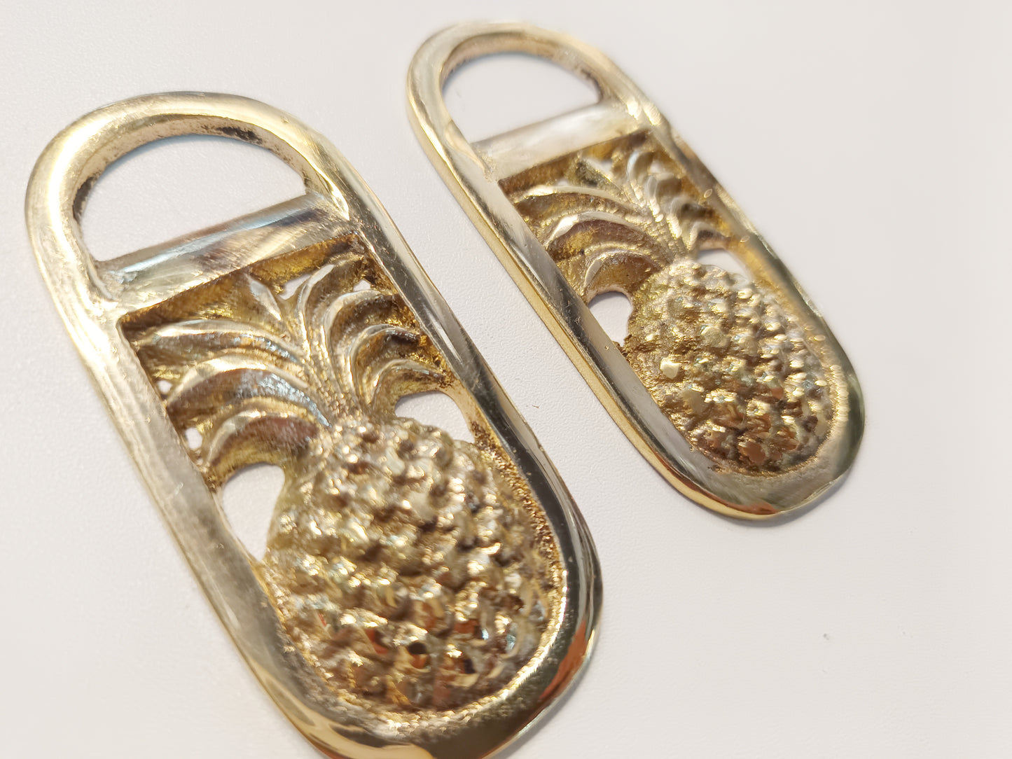 Small oval brass bottle opener, antique brass pineapple cap opener, set of 2