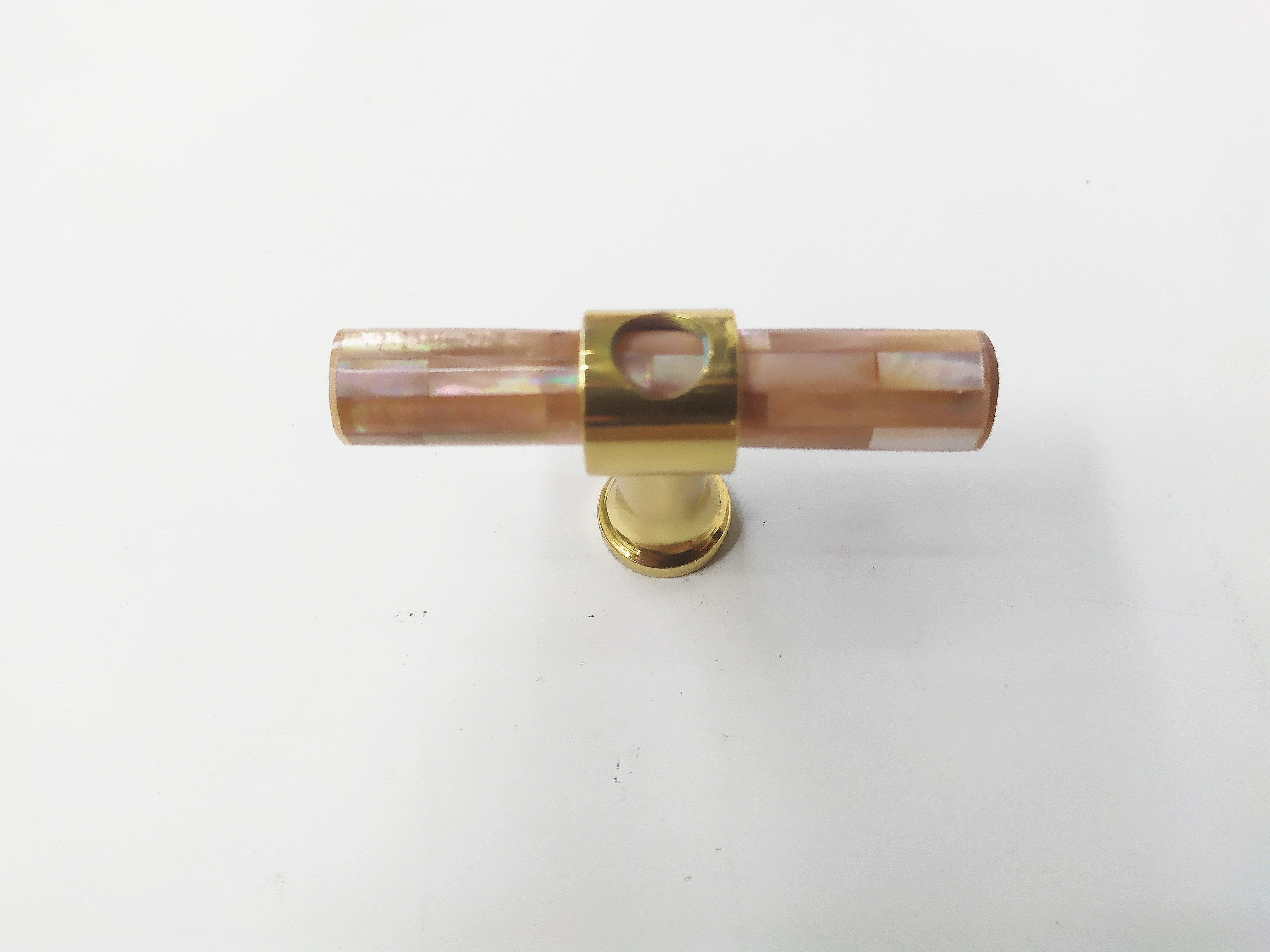 Inlaid pink short tube mother of pearl cabinet knob in brass plating