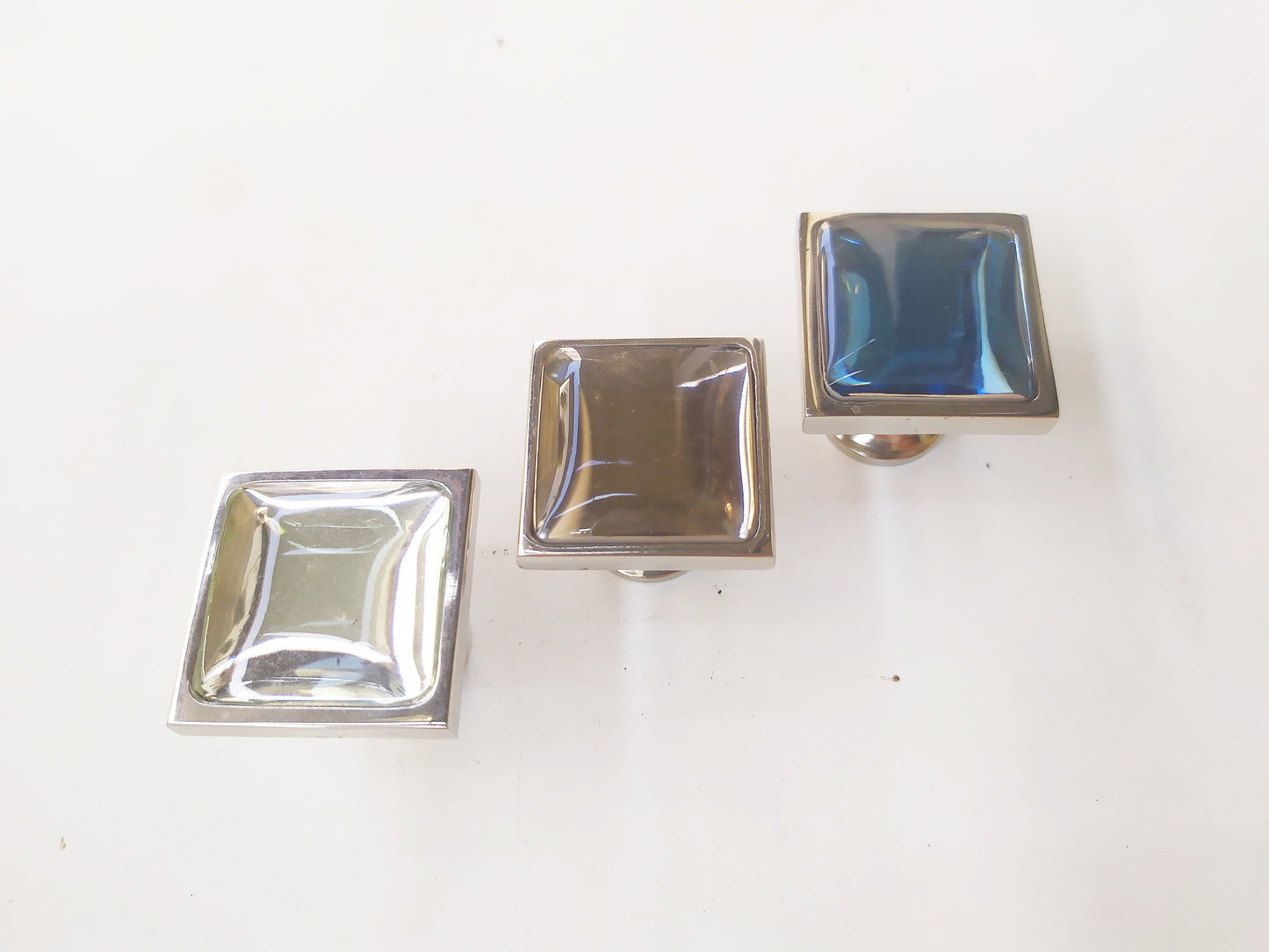 Inlaid square mirror , brown and blue knob in brass plated with nickel