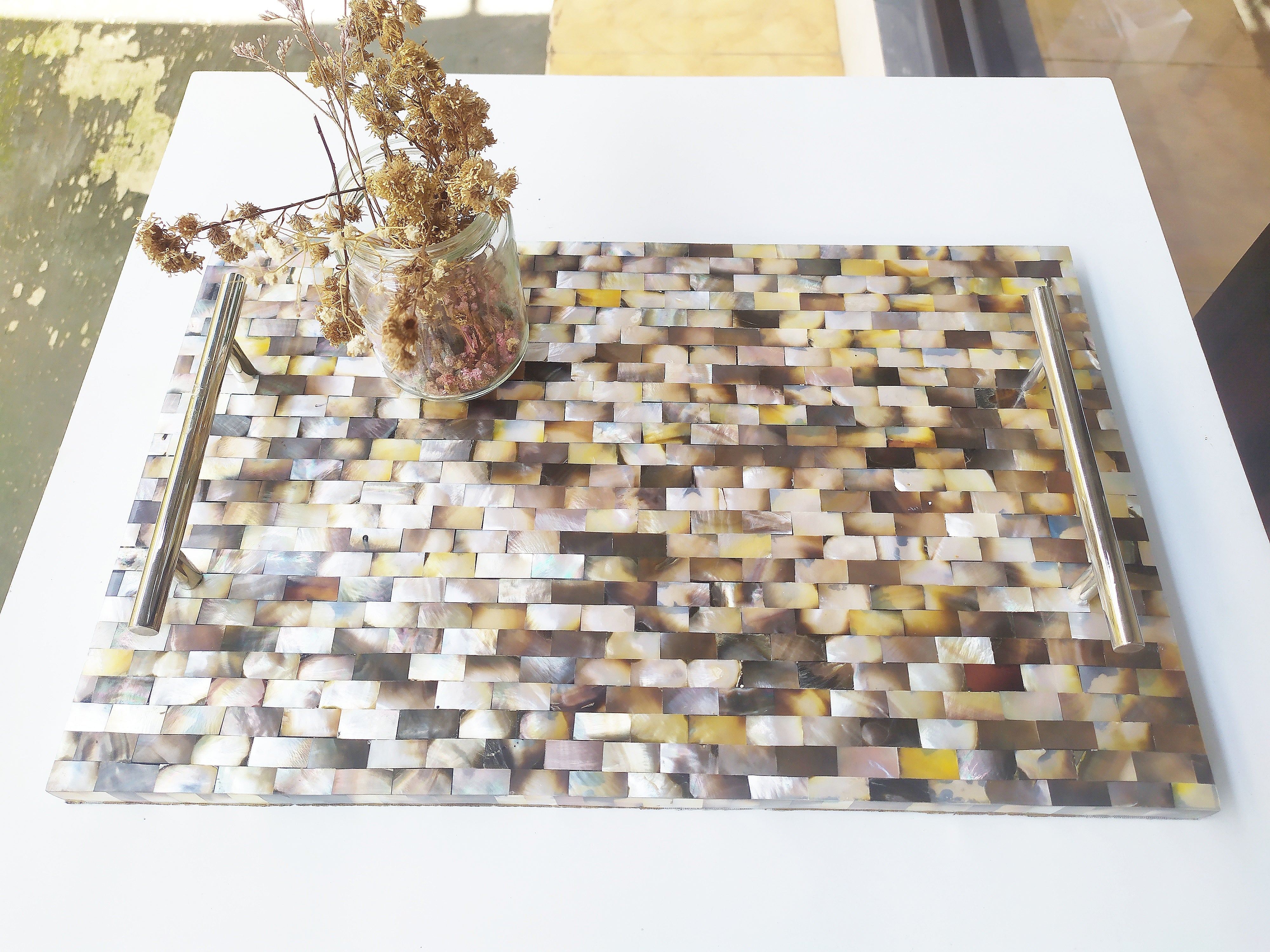 Mother of Pearl Square Decorative Tray - Pearl Gray Tray with Brass Handles