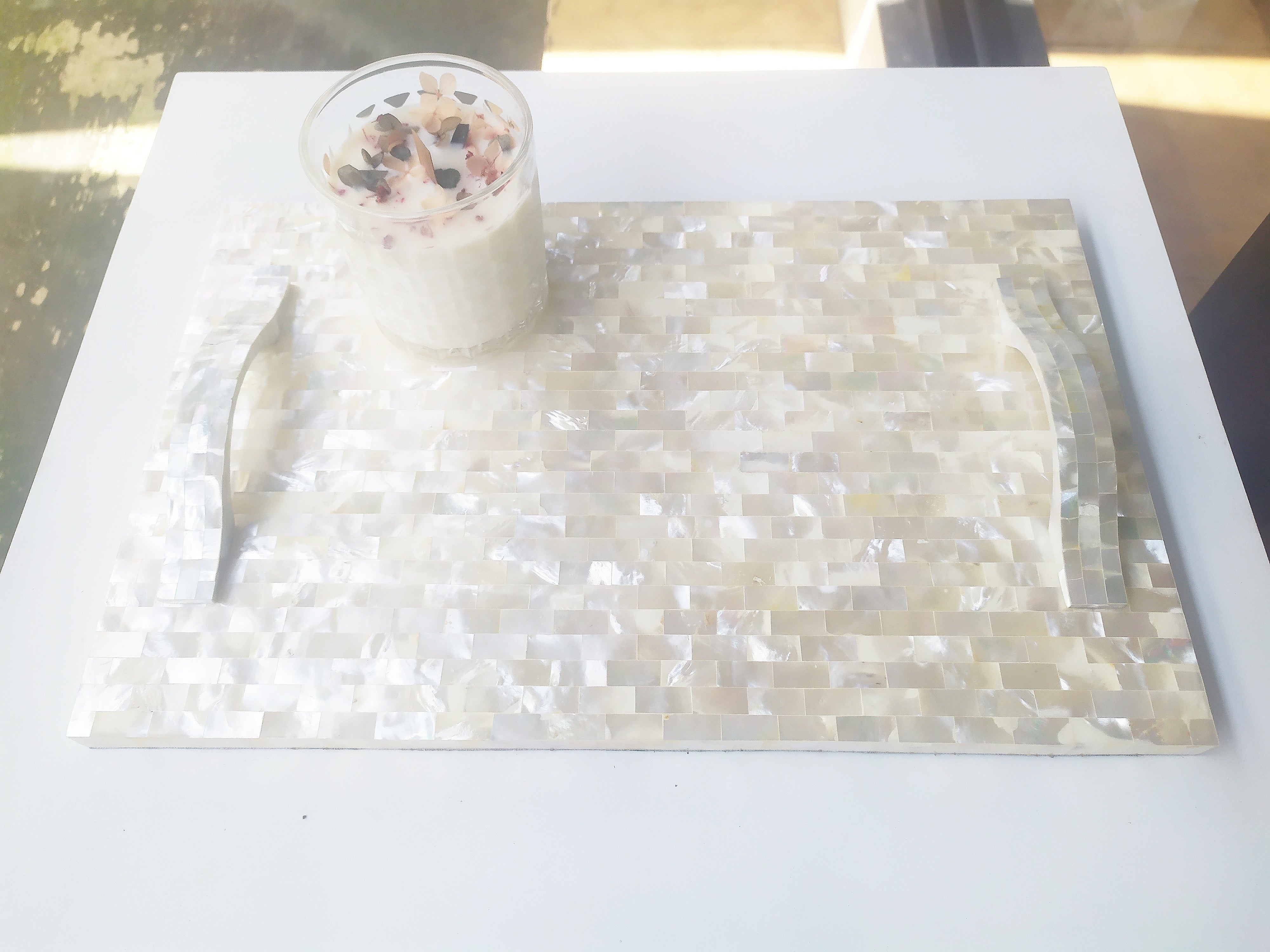 Mother of Pearl Square Decorative Tray - Pearl White Tray with Mother of Pearl Bridge Bow Handles