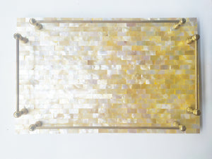 Decorative tray from mosaic yellow mother of pearl with brass handle