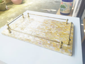 Mother of Pearl Square Decorative Tray - Pearl Yellow Tray with Brass Handles