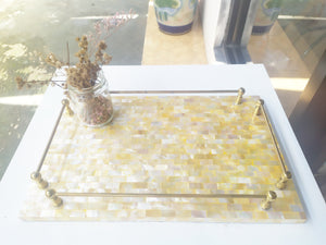 Mother of Pearl Square Decorative Tray - Pearl Yellow Tray with Brass Handles