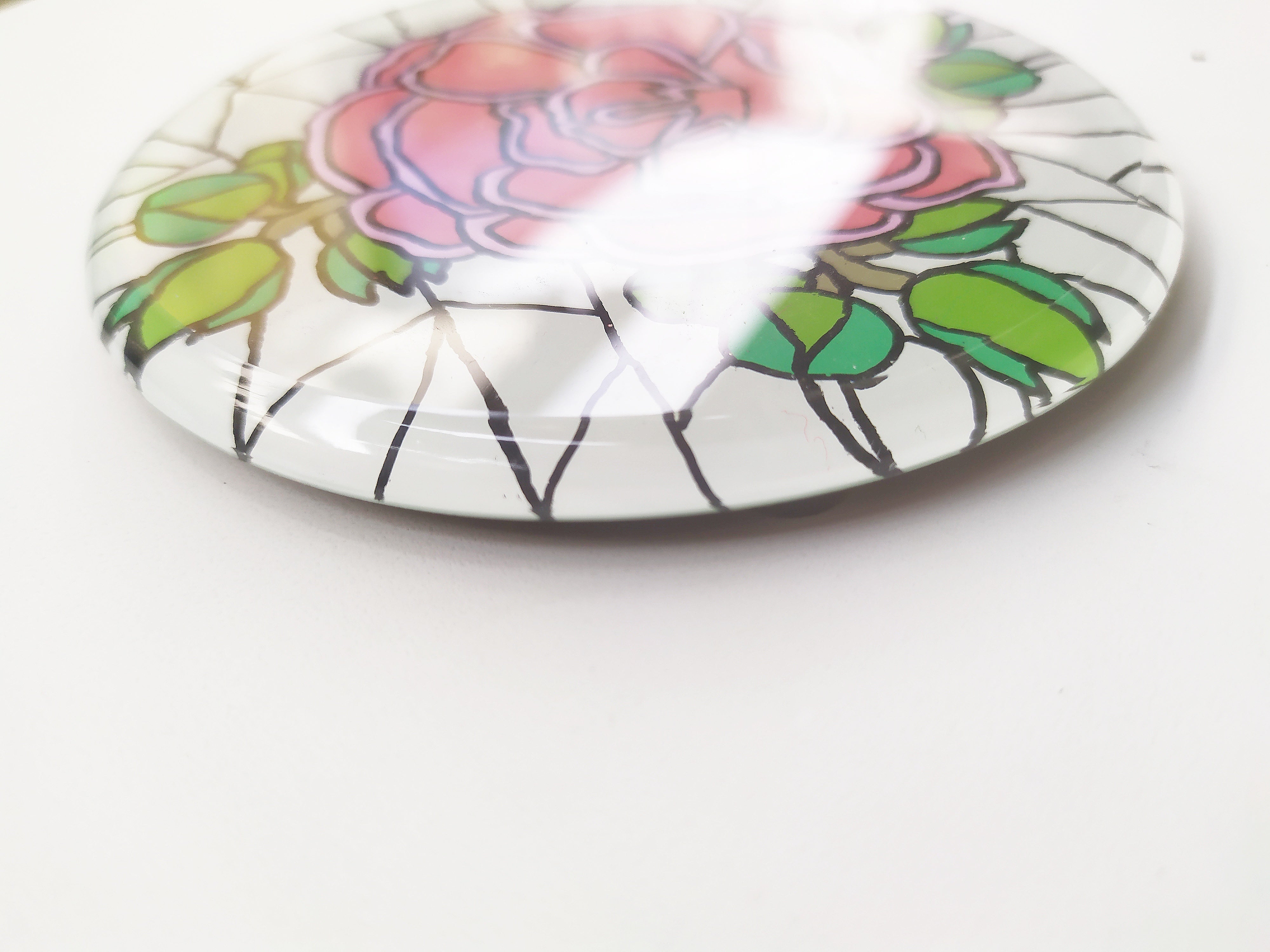 Hand painted flower round glass mirror coaster , zoomed for details