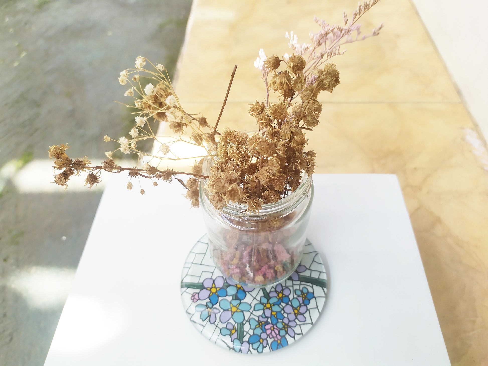 Hand Painted Pink Allium round mirror coaster , with dry flowers