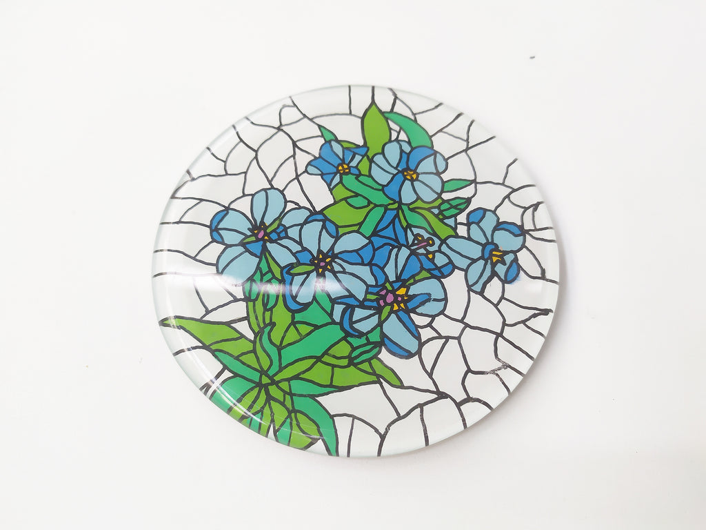 Hand Painted Blue Pansy Glory round mirror coaster