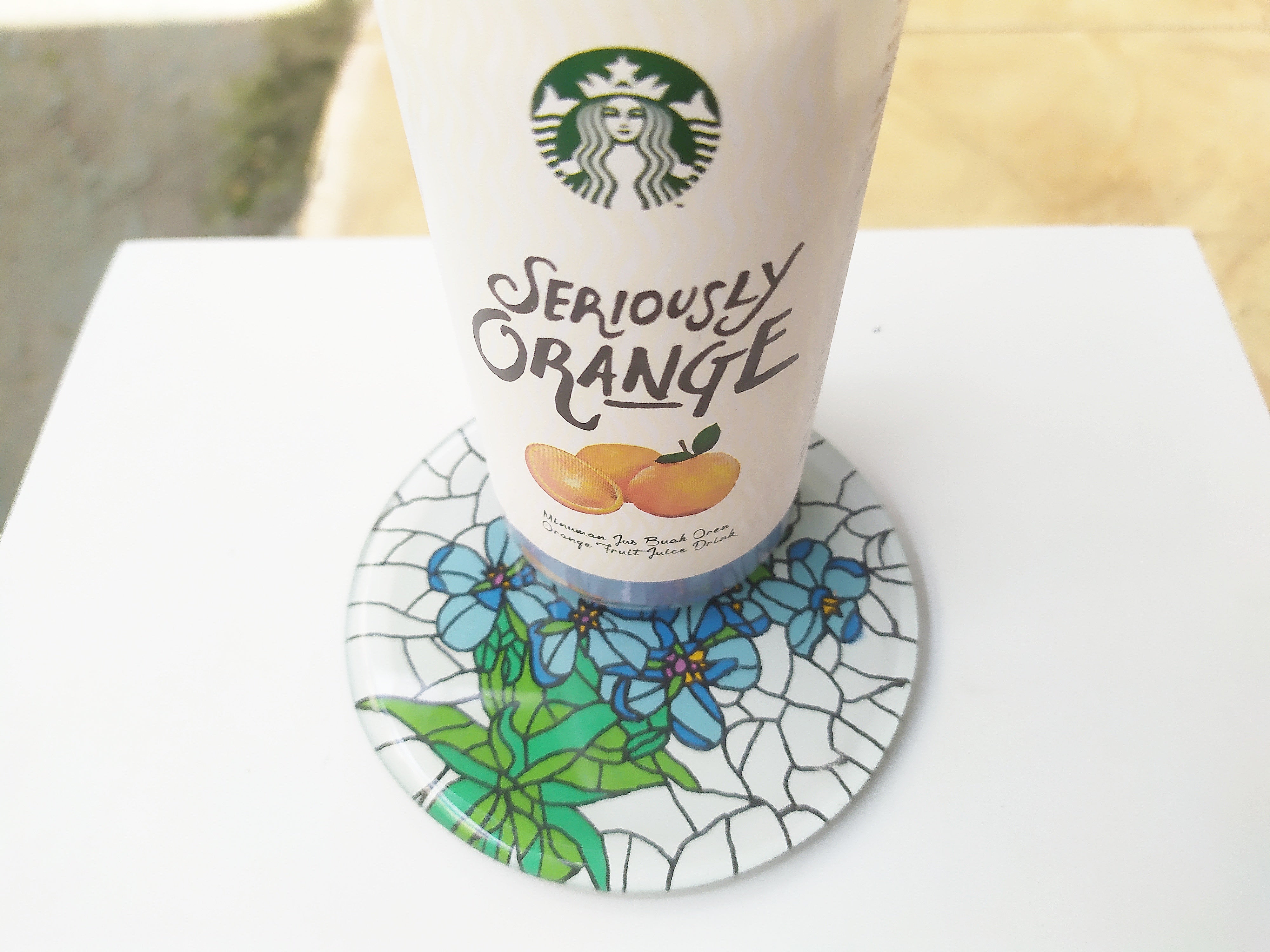 Hand Painted Blue Pansy Glory round mirror coaster , with starbucks cup
