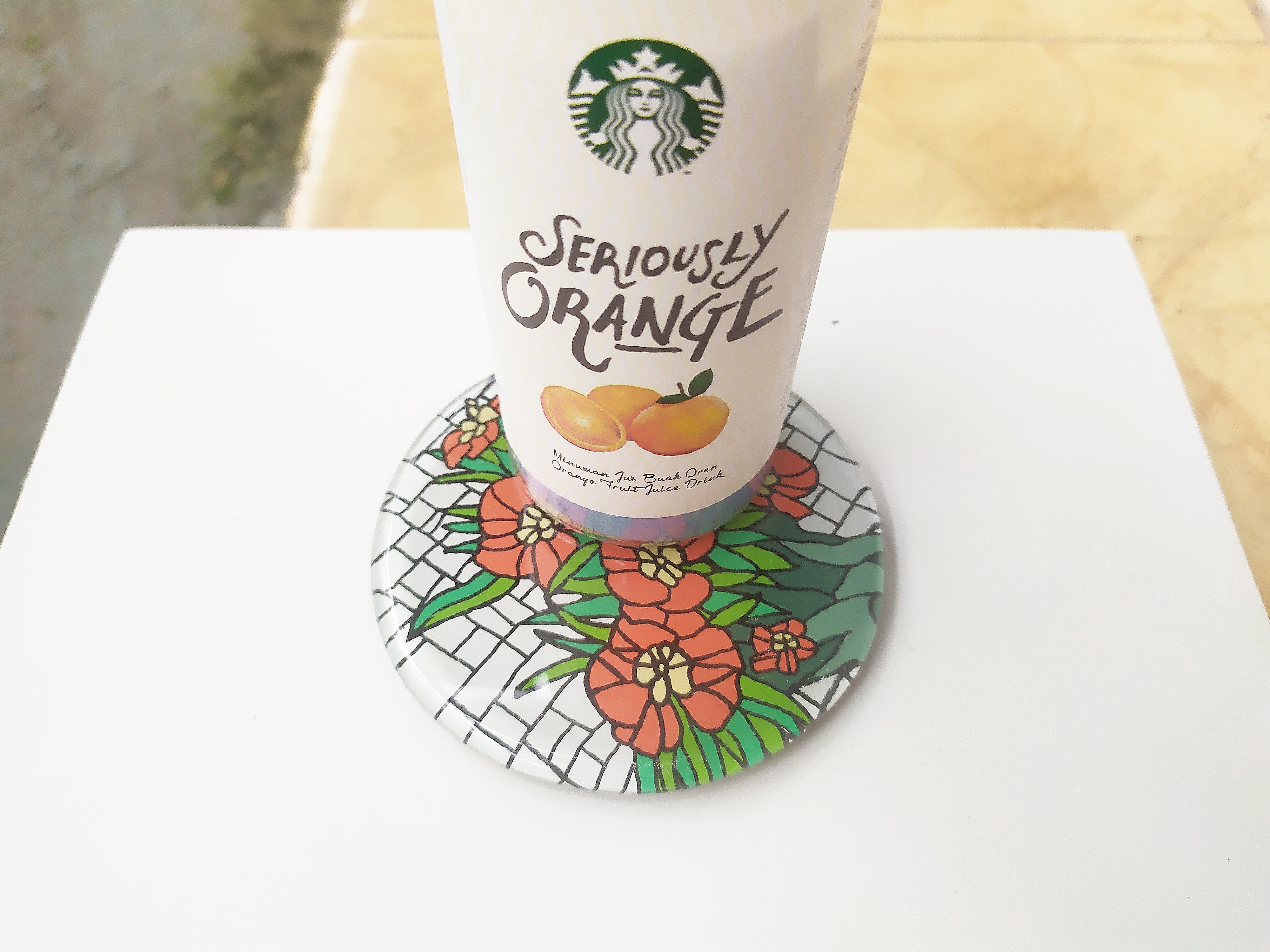 Hand painted flower round glass mirror coaster , with starbucks cup