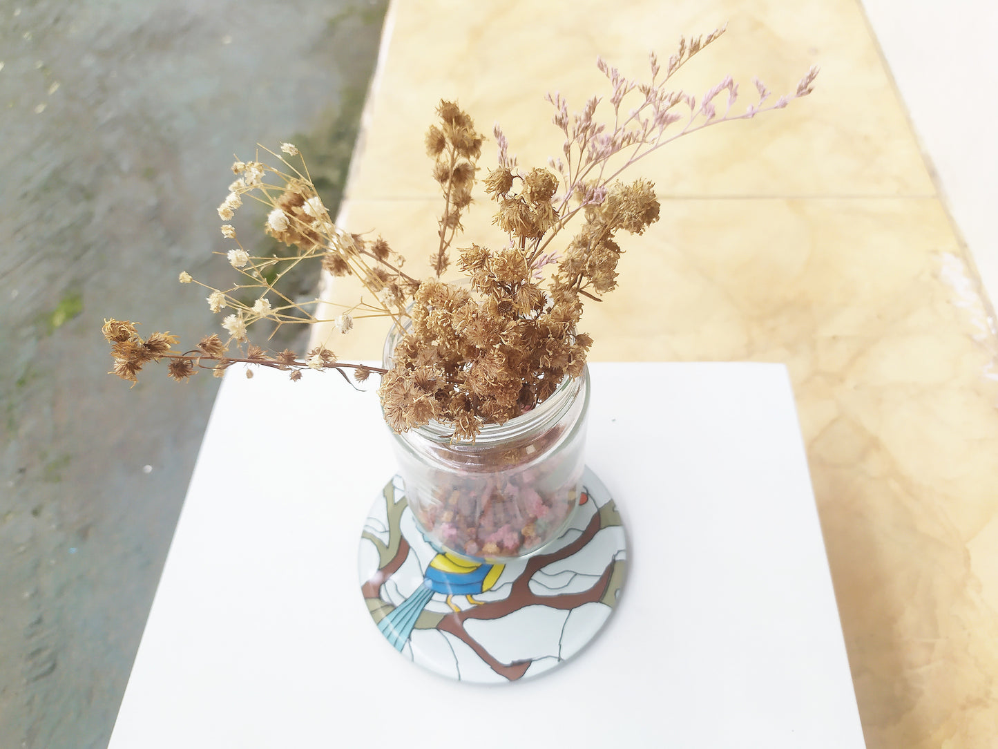 Mirror and glass hand painted bird coaster , with dry leaves