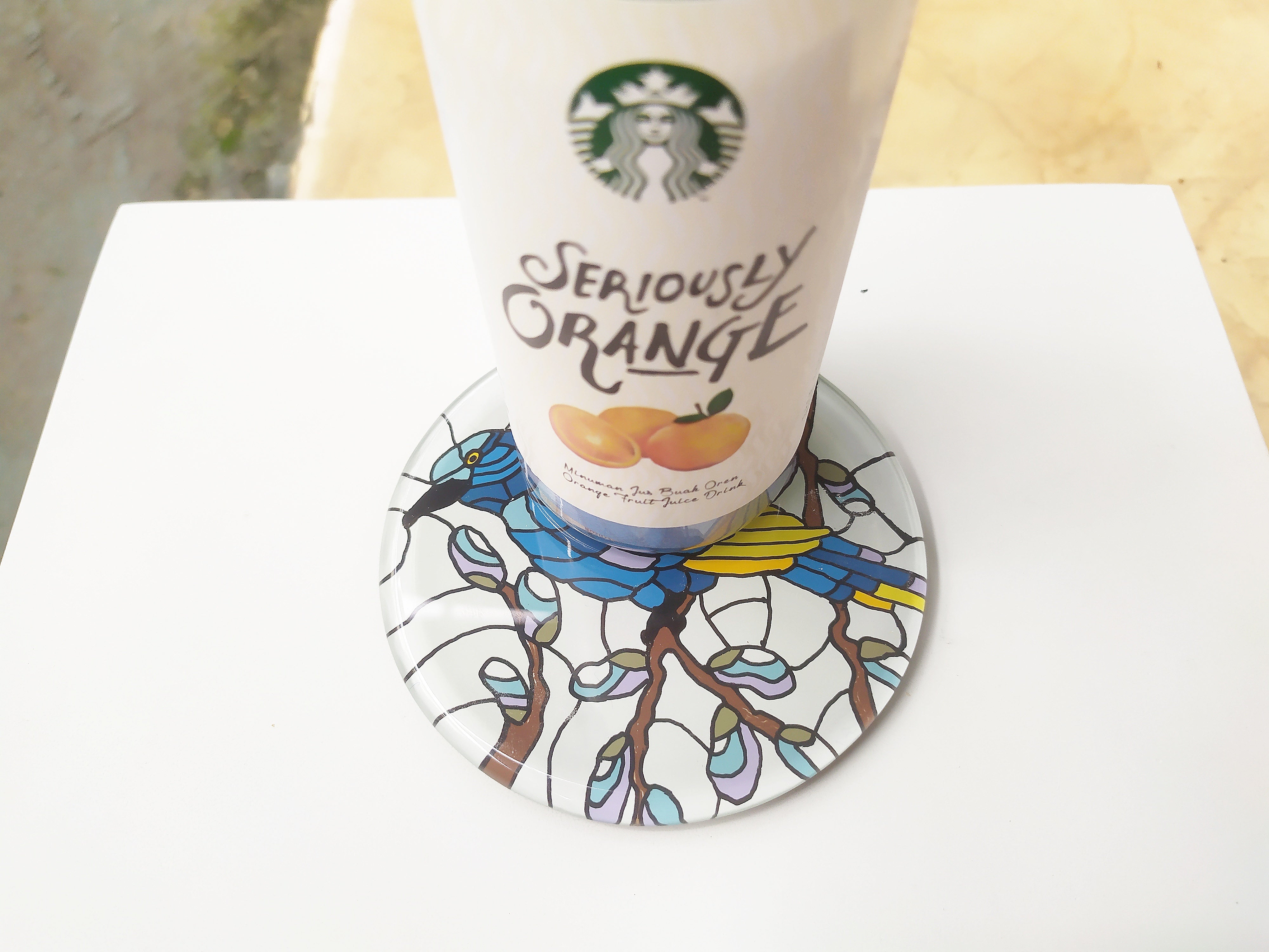 Mirror and glass hand painted bird coaster , starbuck cup