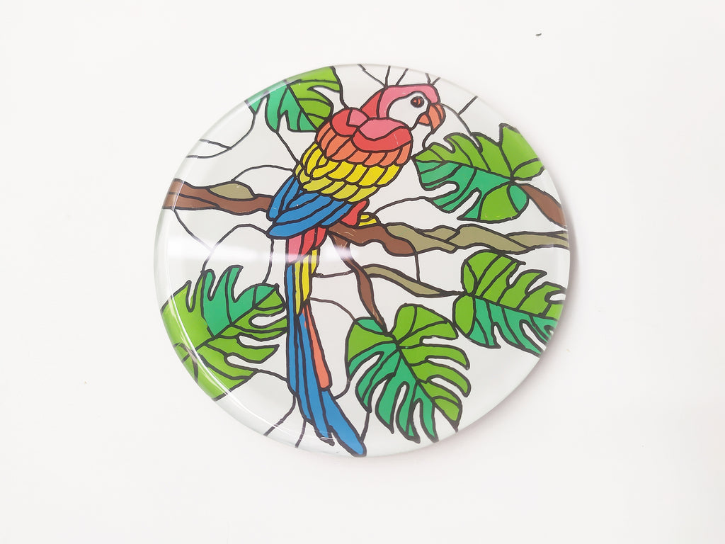 Hand Painted Colorful Parrot round on  branch mirror coaster