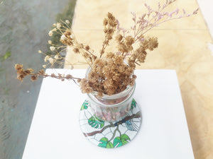 Mirror and glass hand painted bird coaster , with dry leaves