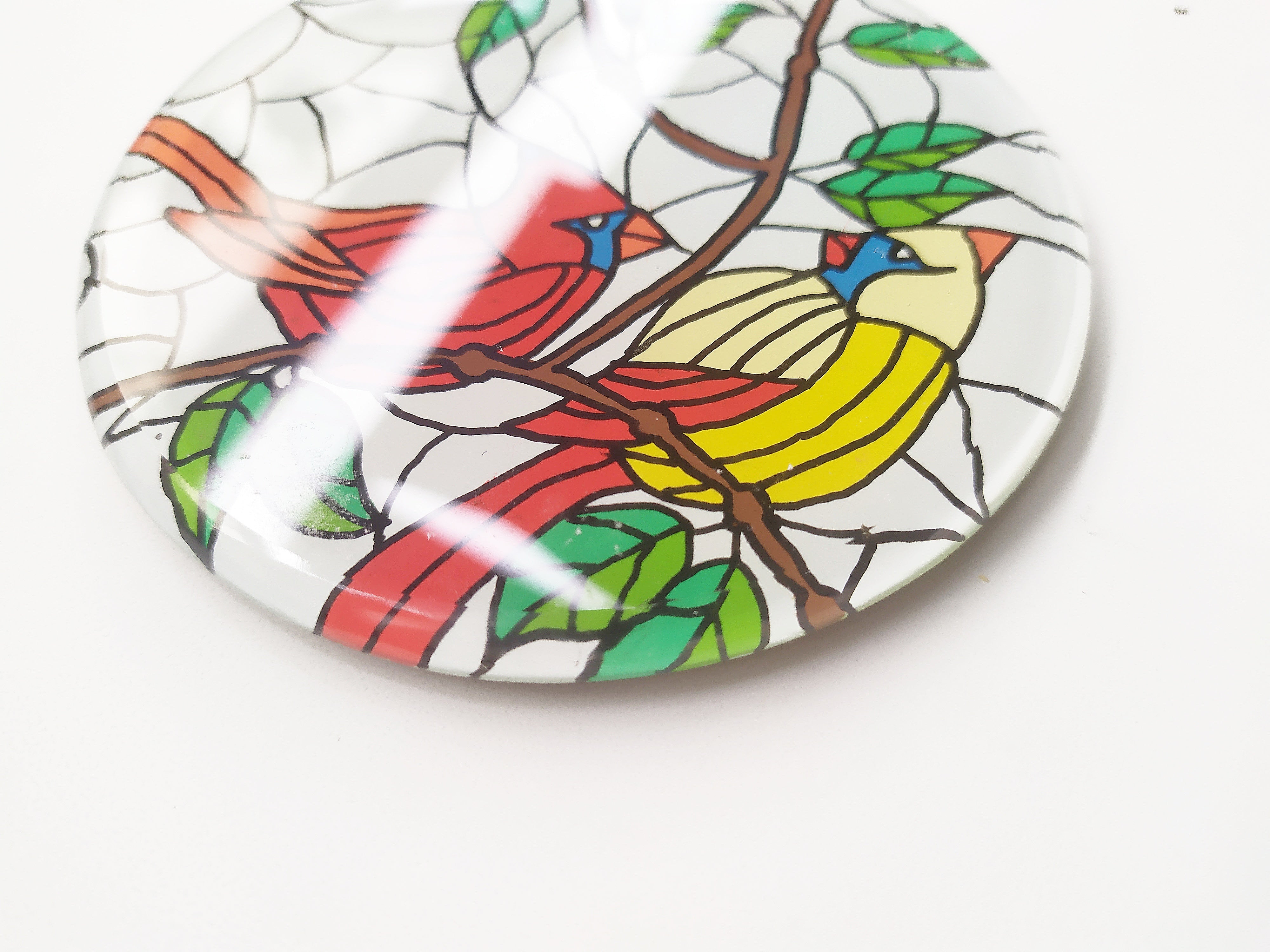 Mirror and glass hand painted bird coaster , zoomed for details