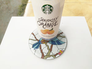 Mirror and glass hand painted bird coaster , with starbucks cup