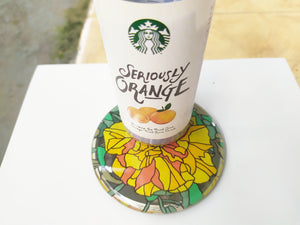 Hand Painted Golden Dahlia round mirror coaster, with starbucks cup