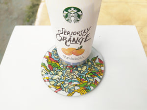 Hand Painted Red Flames round mirror coaster , with starbucks cup