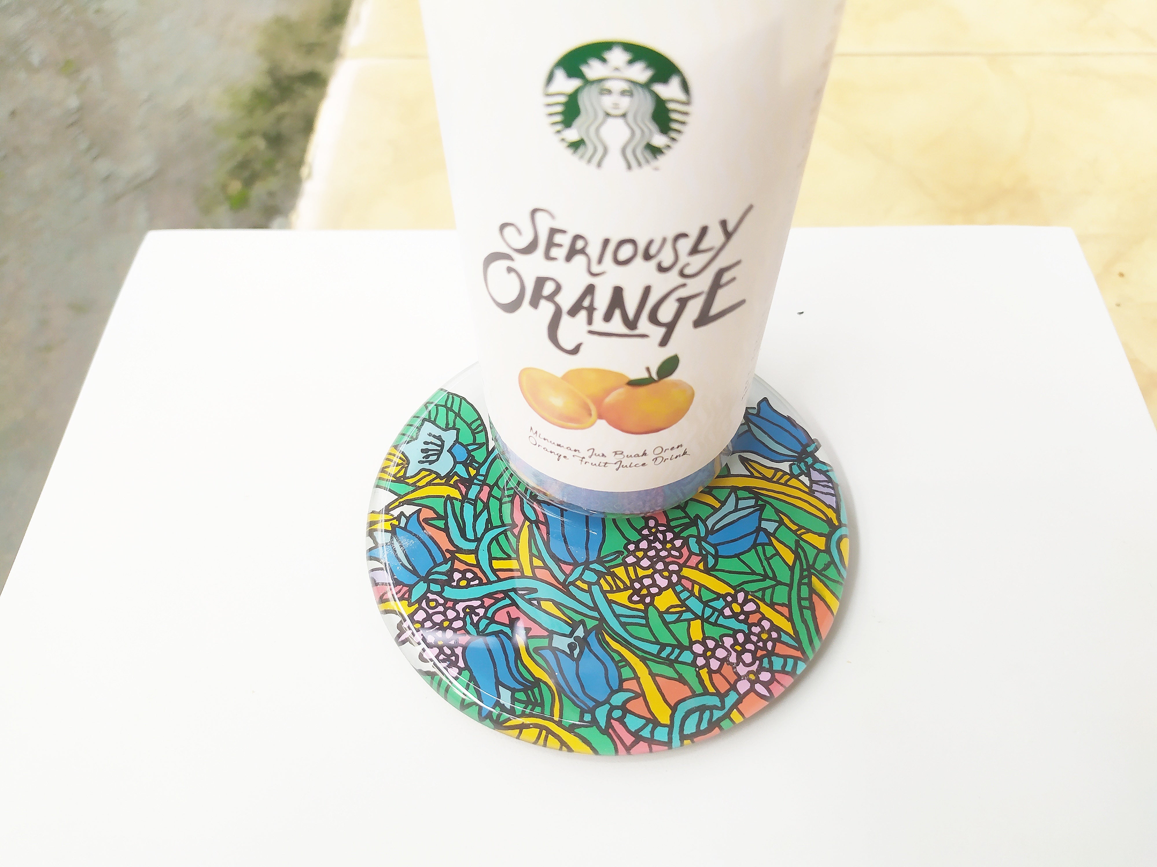 Reverse hand painted mirror and glass coaster with flower pattern , with starbuck cup