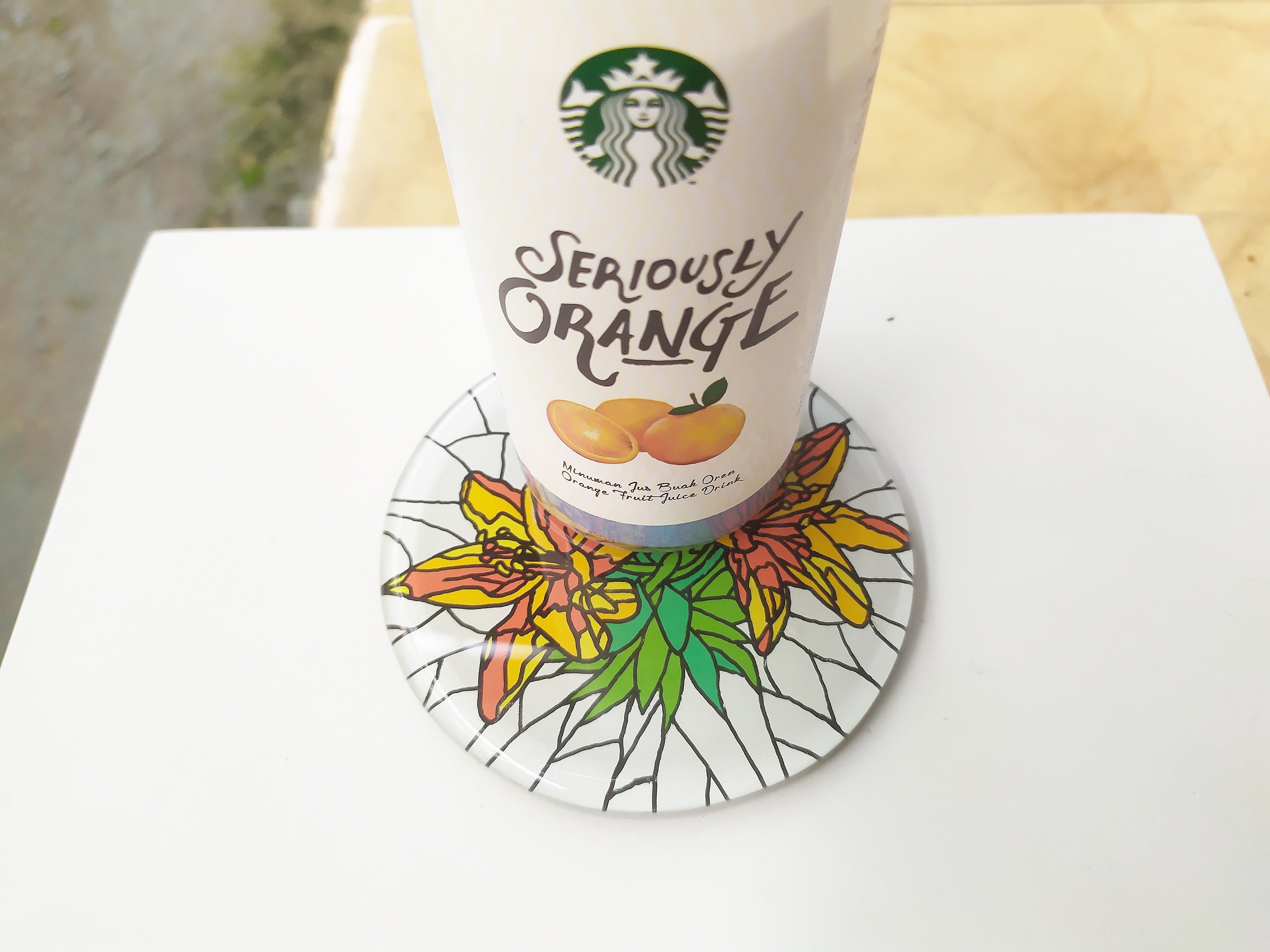 Hand Painted Golden Daffodil round mirror coaster , with starbucks cup