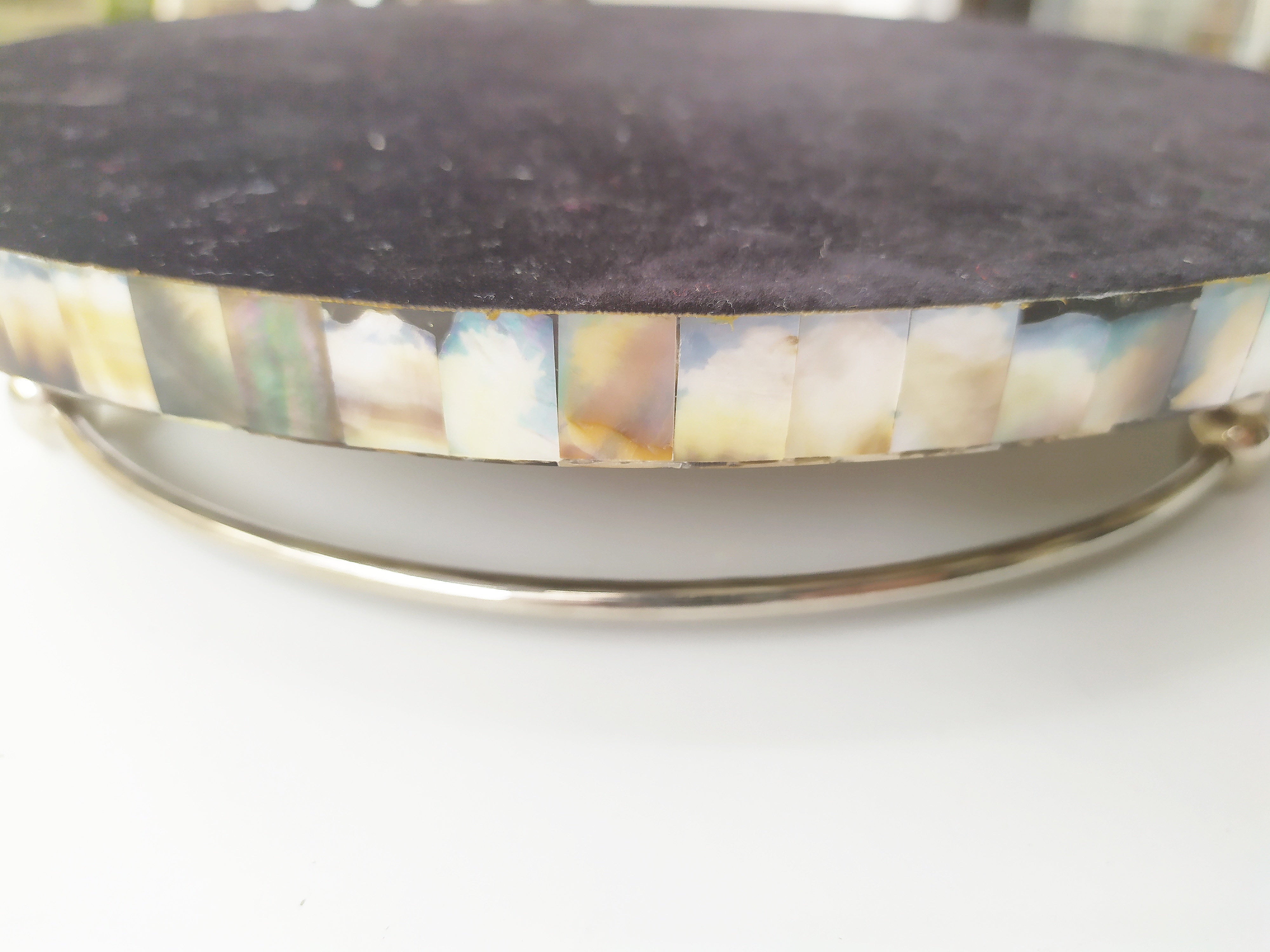 Mother of Pearl Round Decorative Tray - Pearl Gray Tray with Brass Handles