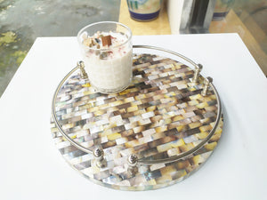 Mother of Pearl Round Decorative Tray - Pearl Gray Tray with Brass Handles