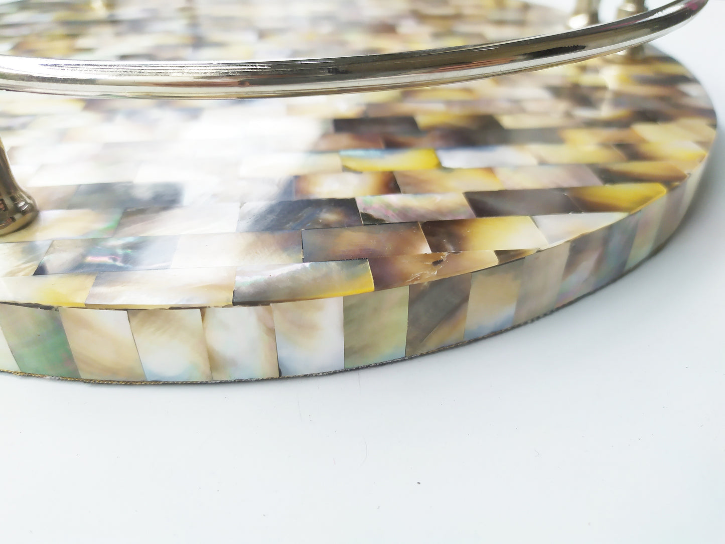 Mother of Pearl Round Decorative Tray - Pearl Gray Tray with Brass Handles