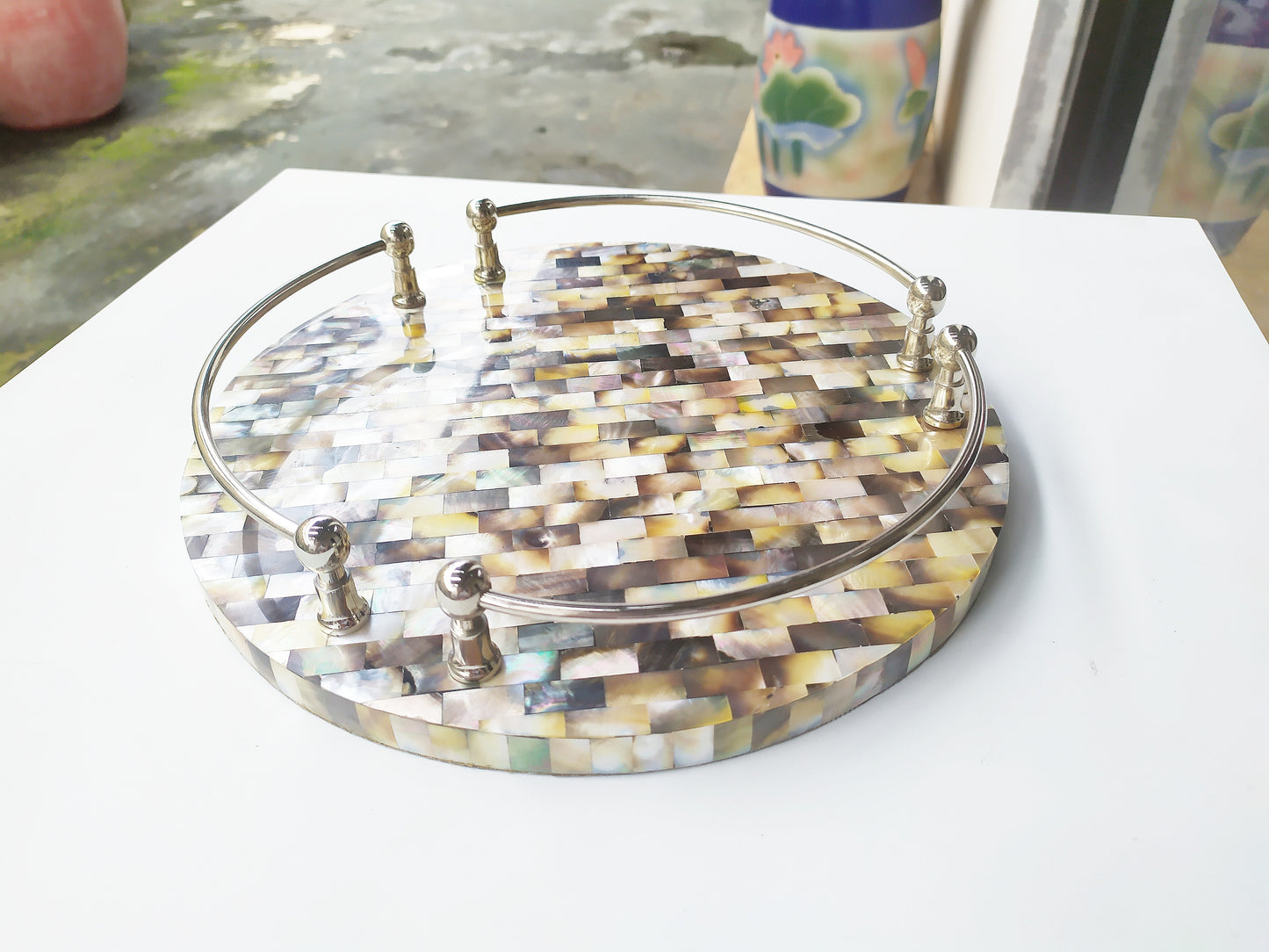 Mother of Pearl Round Decorative Tray - Pearl Gray Tray with Brass Handles