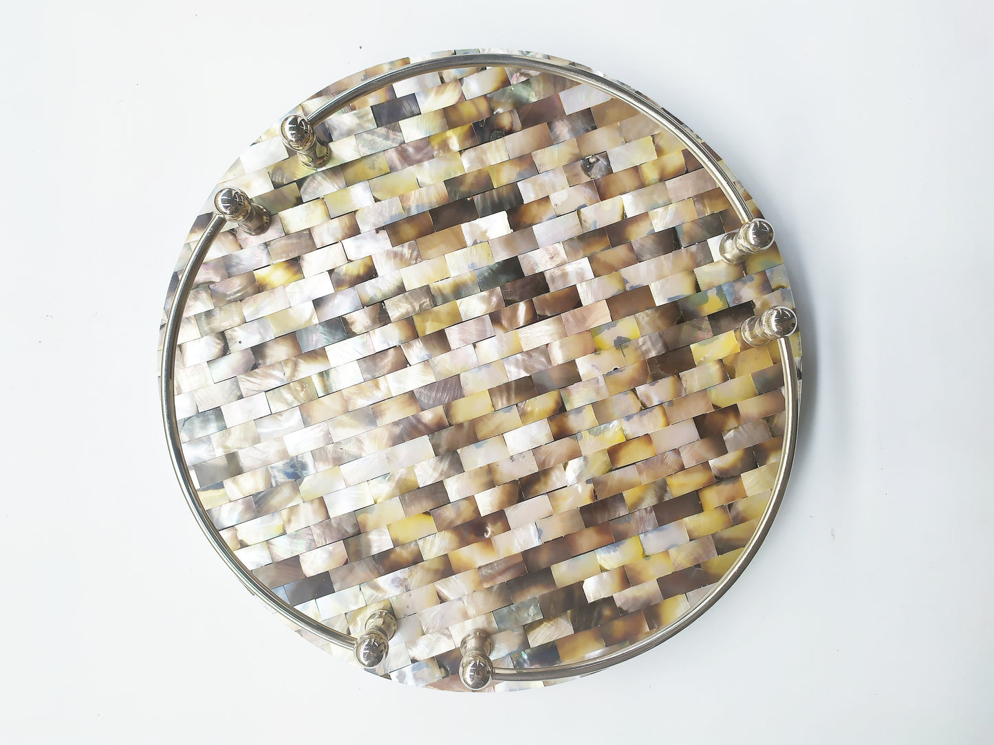 Mother of Pearl Round Decorative Tray - Pearl Gray Tray with Brass Handles