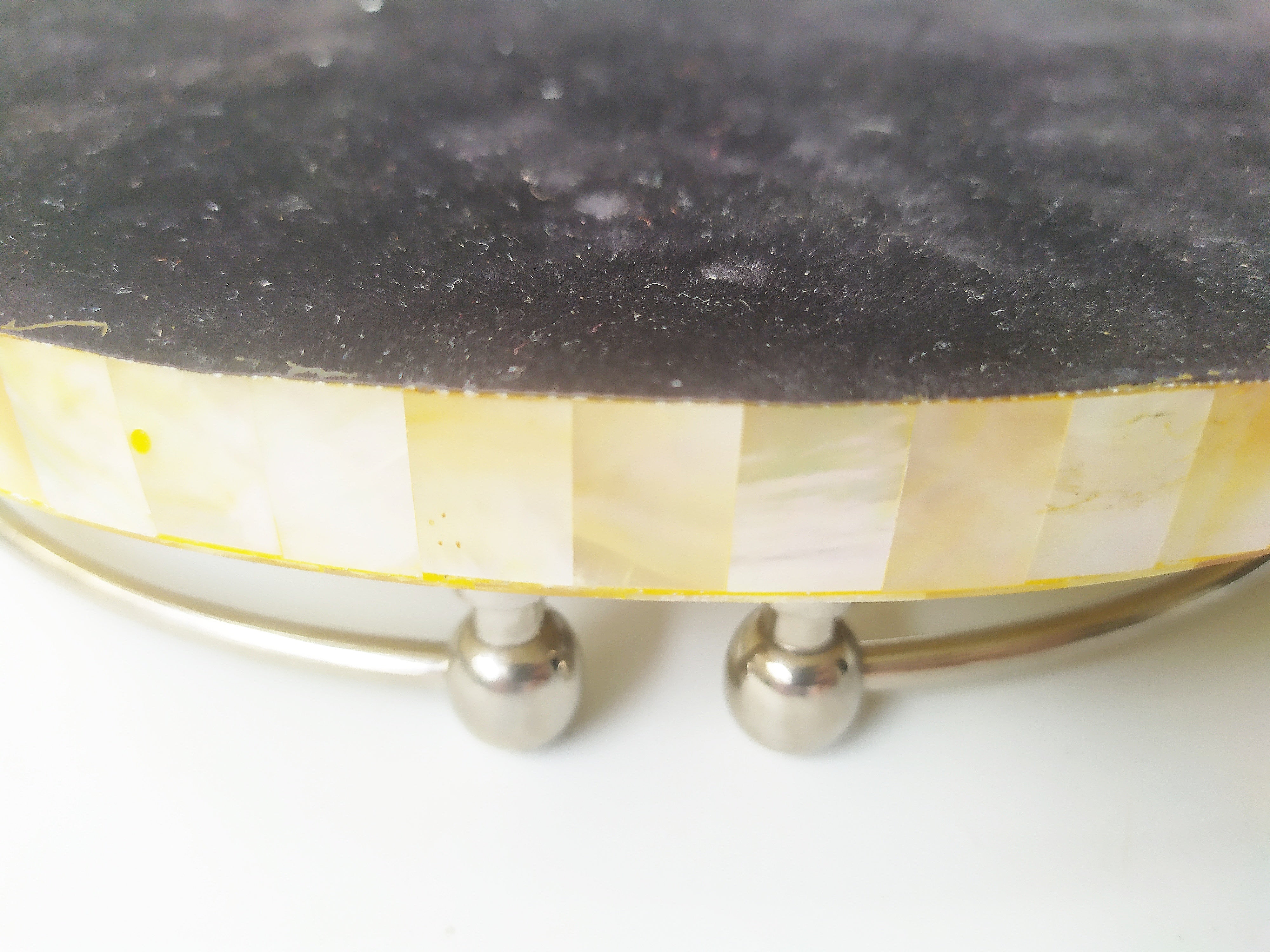 Mother of Pearl Round Decorative Tray - Pearl Yellow Tray with Brass Handles