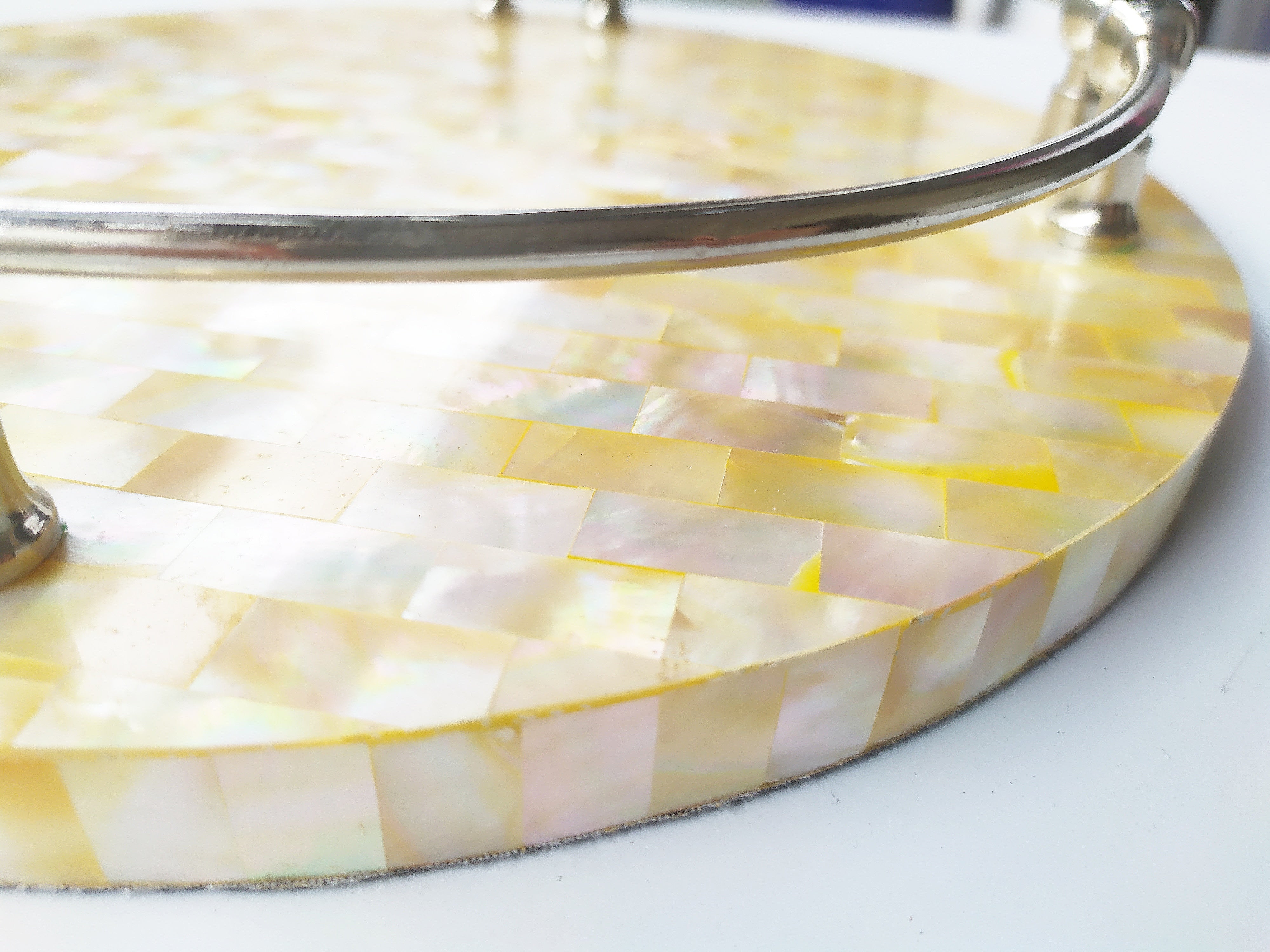 Mother of Pearl Round Decorative Tray - Pearl Yellow Tray with Brass Handles