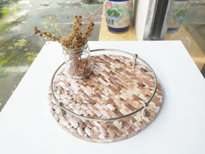 Mother of Pearl Round Decorative Tray - Pearl Pink Tray with Brass Handles
