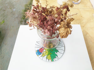 Hand painted bird animal round glass mirror coaster , with dry leaves