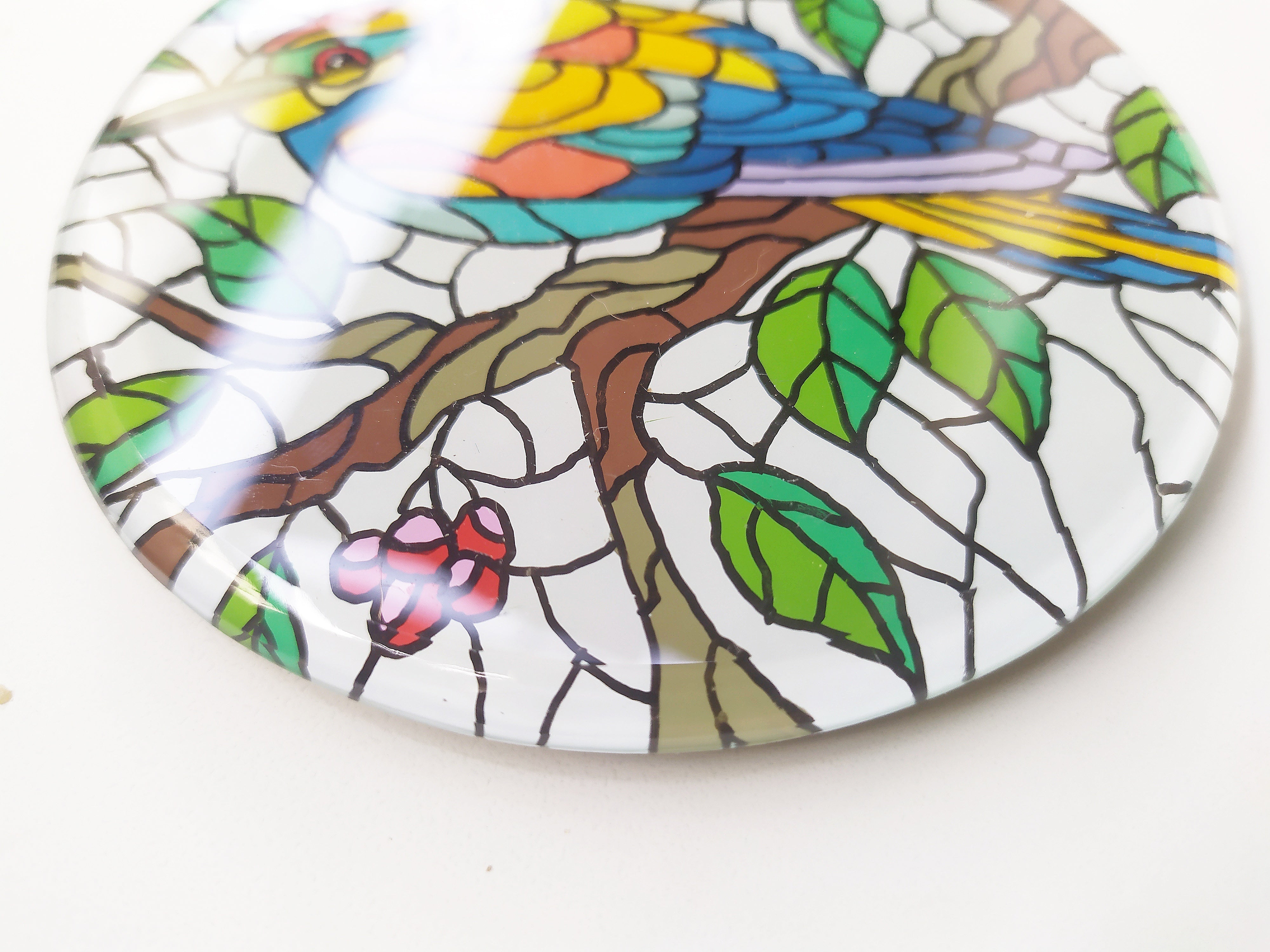 Hand  painted Yellow robin round mirror coaster , zoomed for details