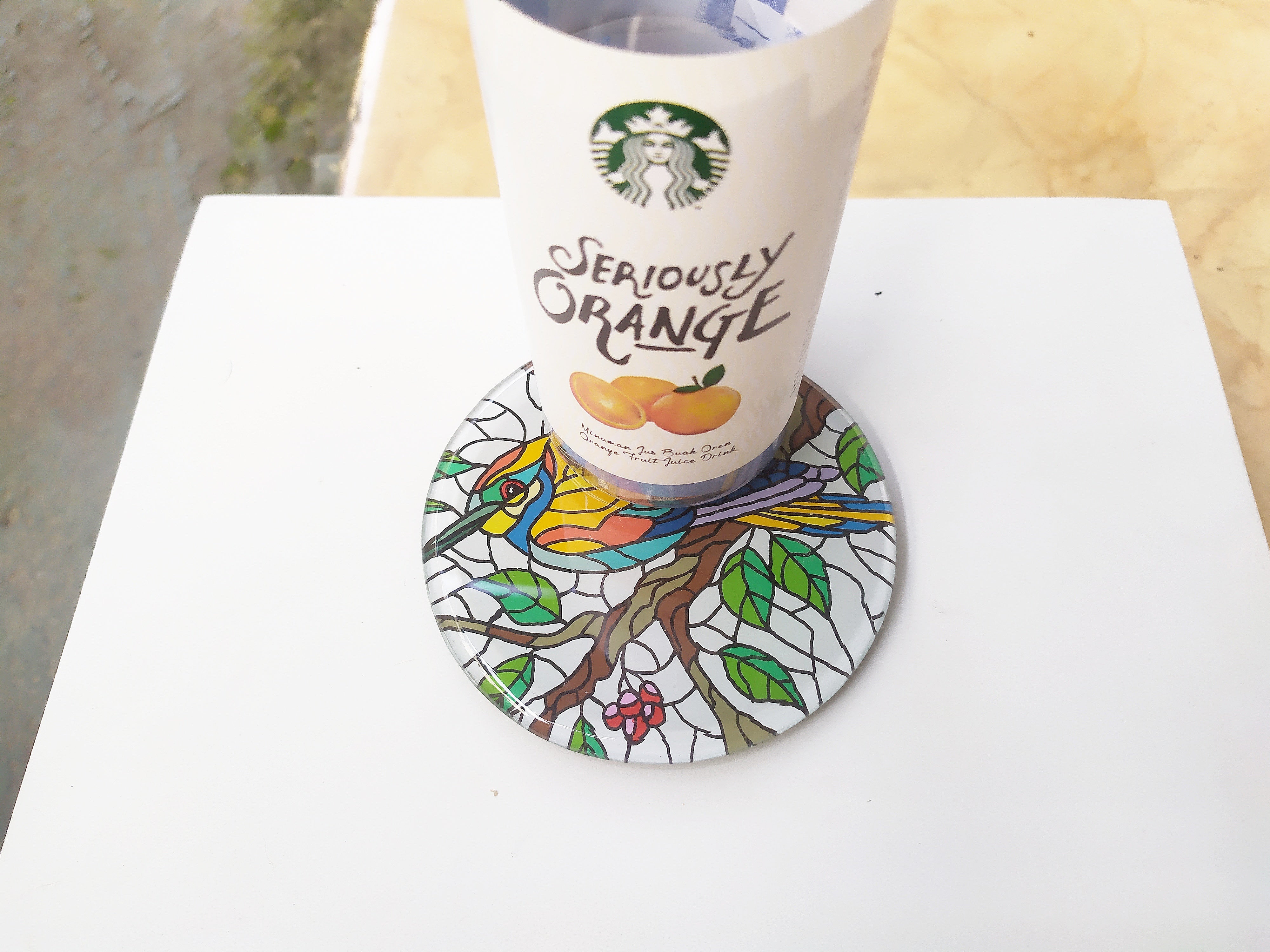 Hand  painted Yellow robin round mirror coaster , with starbuck cup