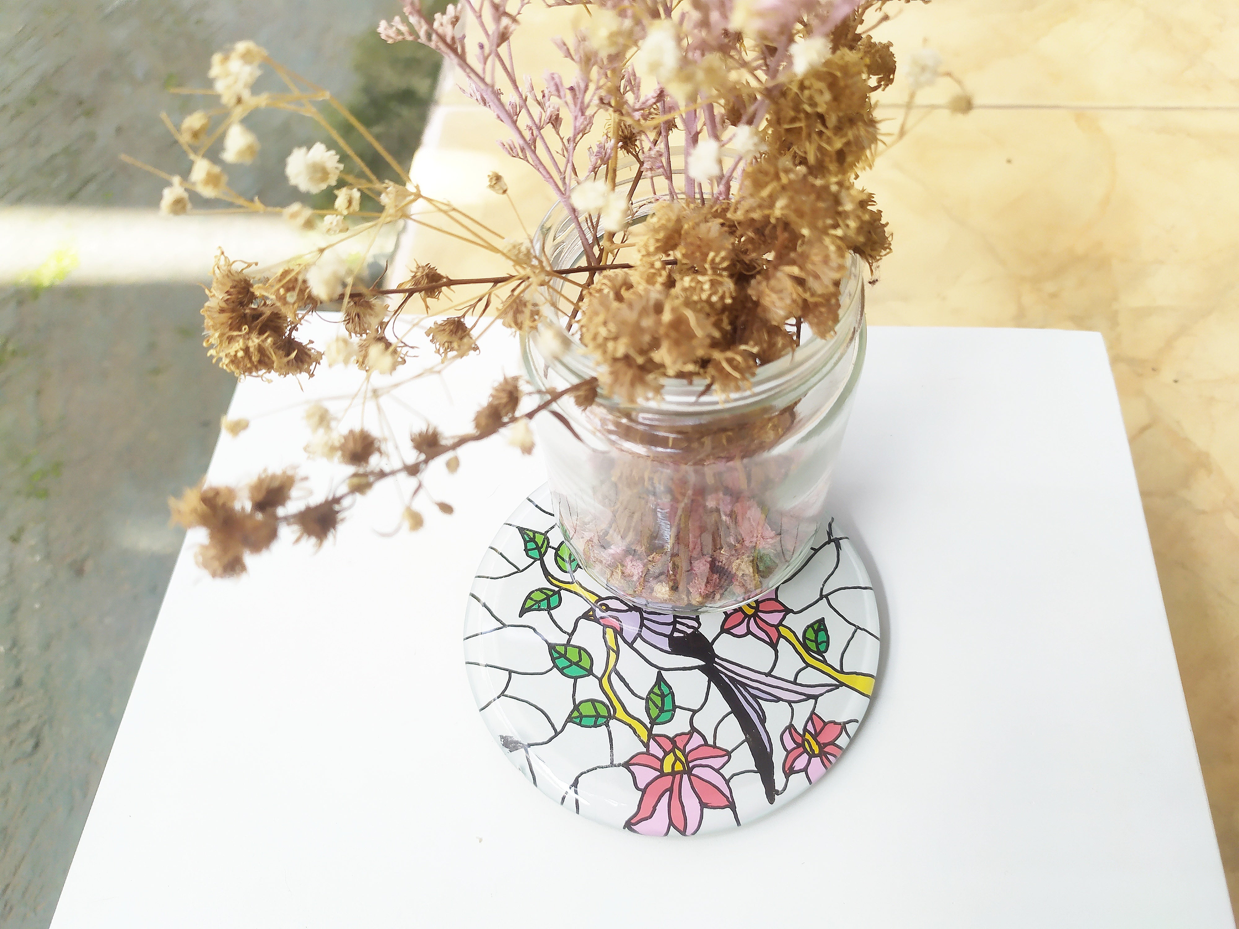 Hand painted bird animal round glass mirror coaster , with dry leaves